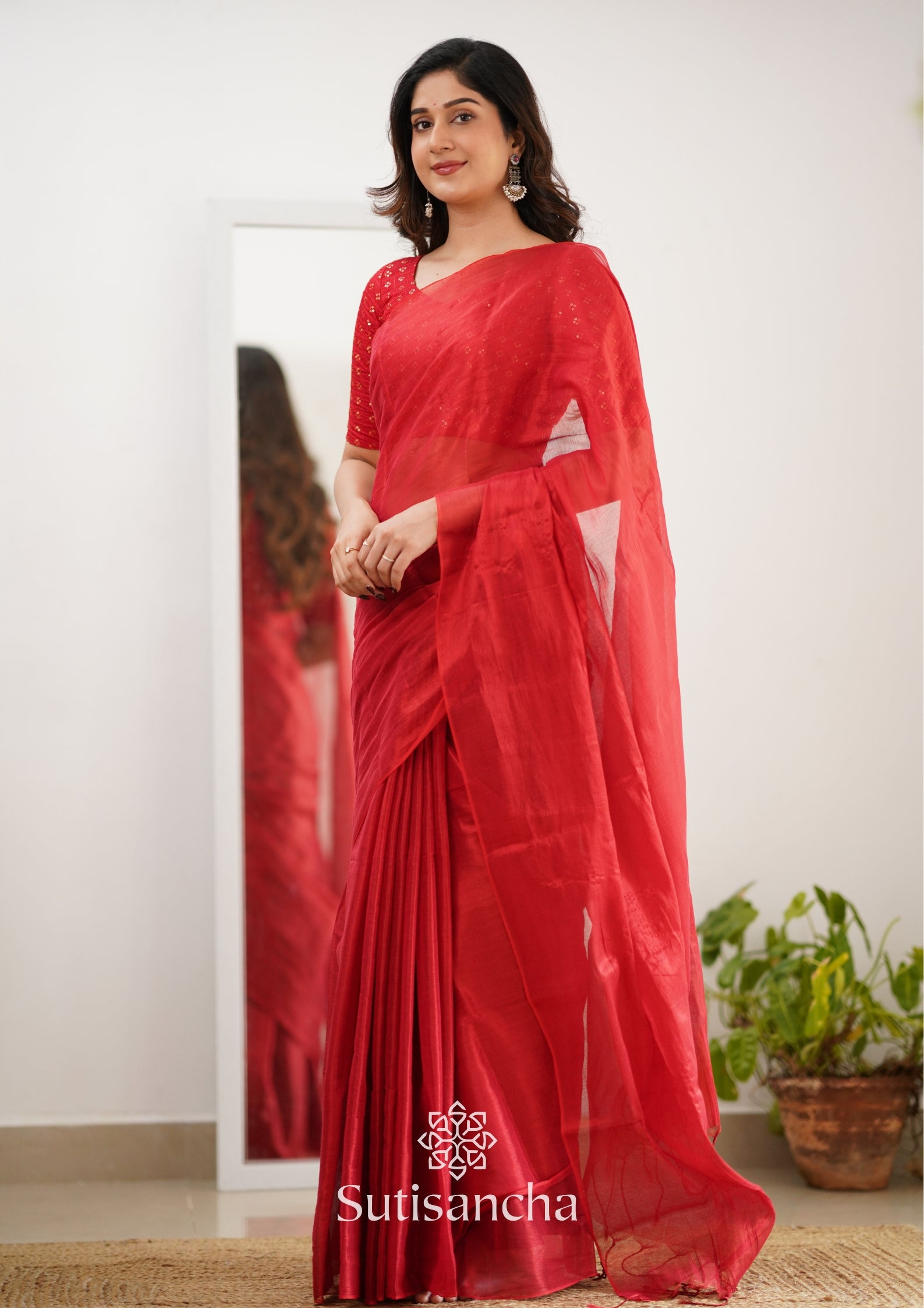 Sutisancha Red Handloom Tissue Saree With Designer Blouse