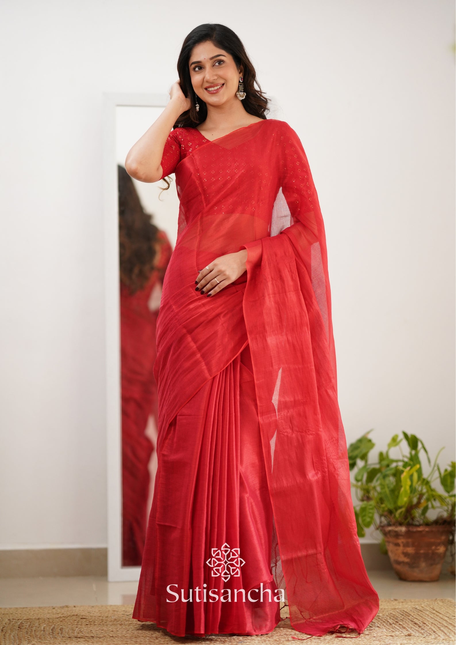 Sutisancha Red Handloom Tissue Saree With Designer Blouse