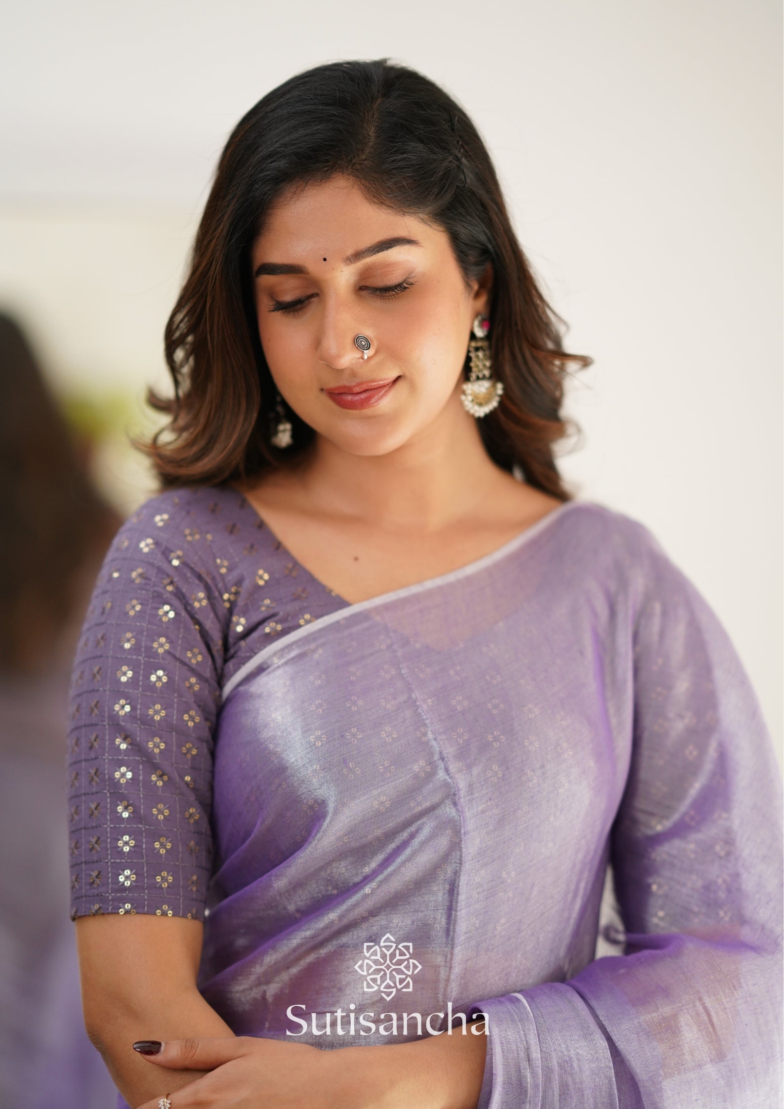 Sutisancha Lavender Handloom Tissue Saree With Designer Blouse