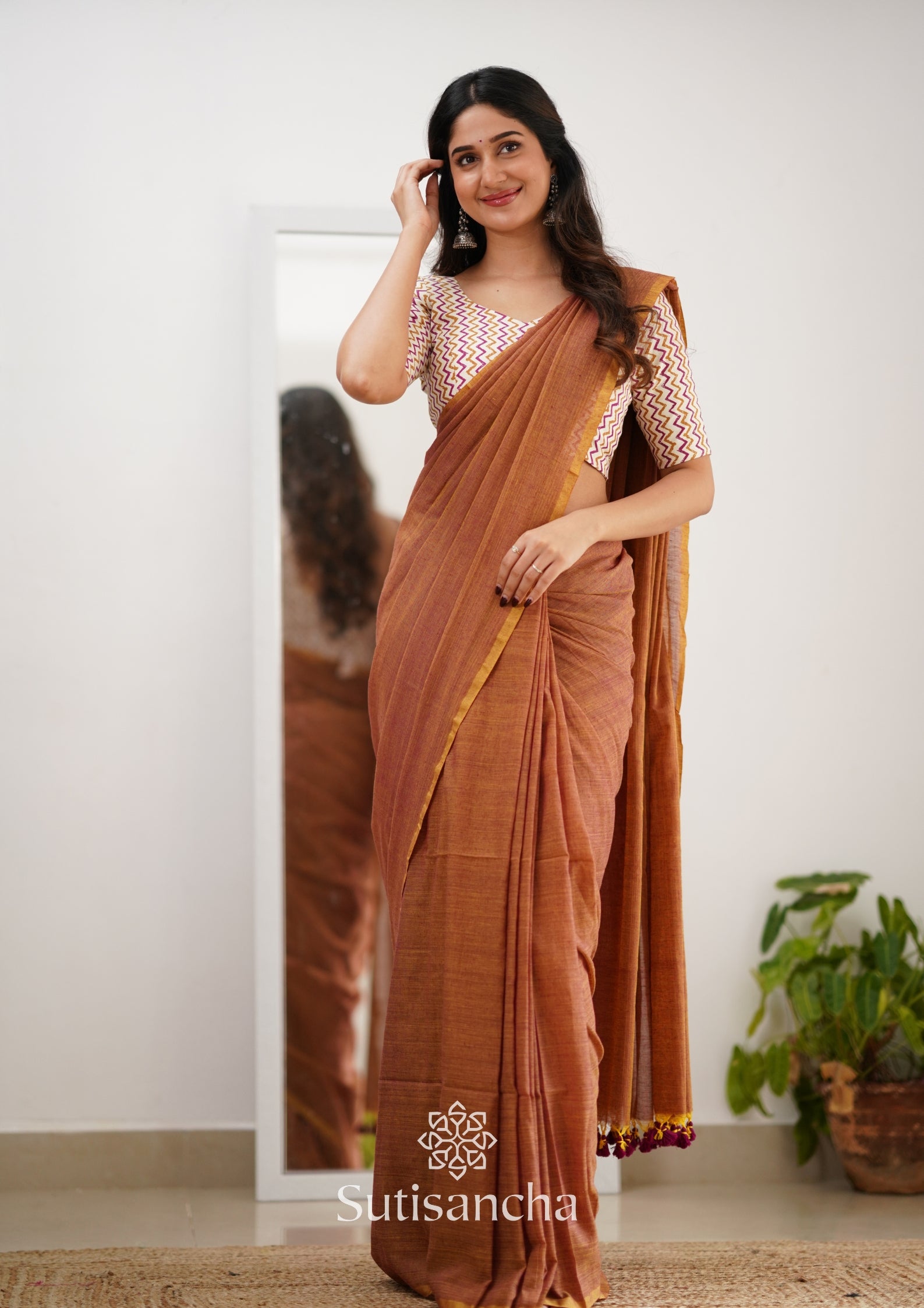 Sutisancha Rust Orange Handloom Cotton Saree With Designer Blouse