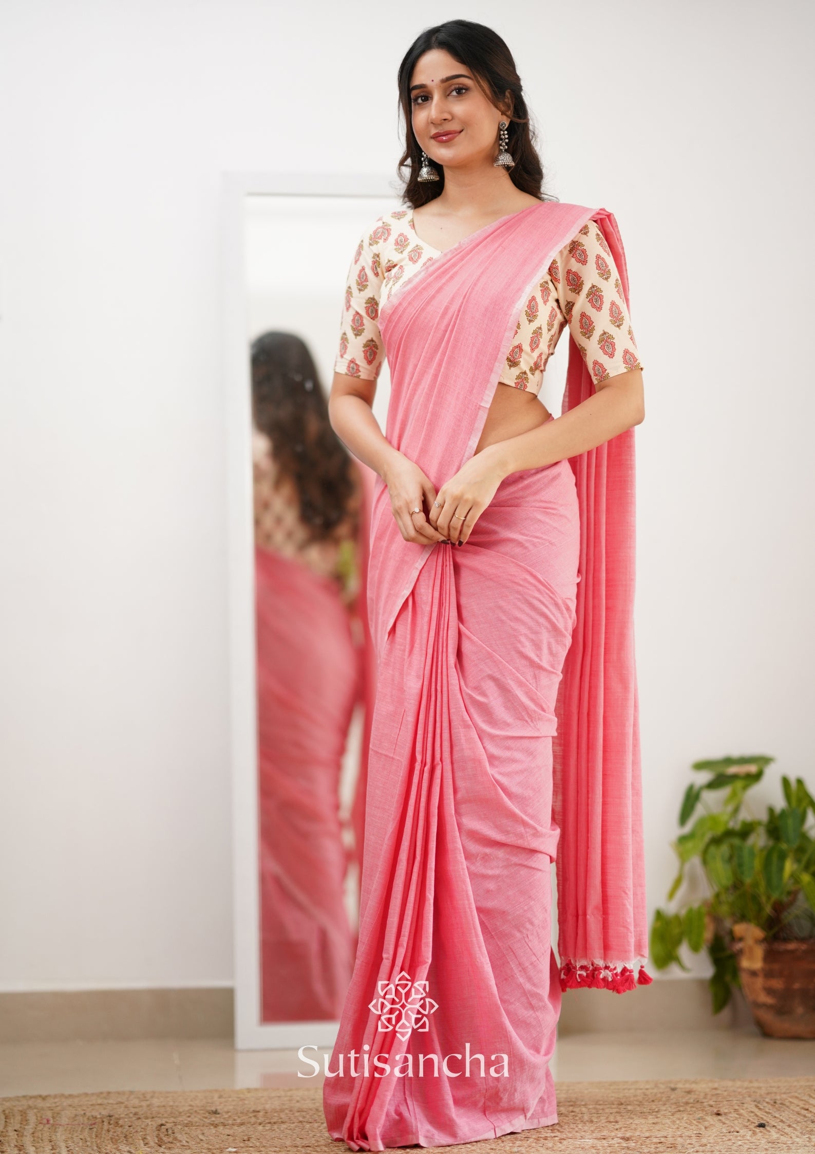 Sutisancha Peach Handloom Cotton Saree With Designer Blouse