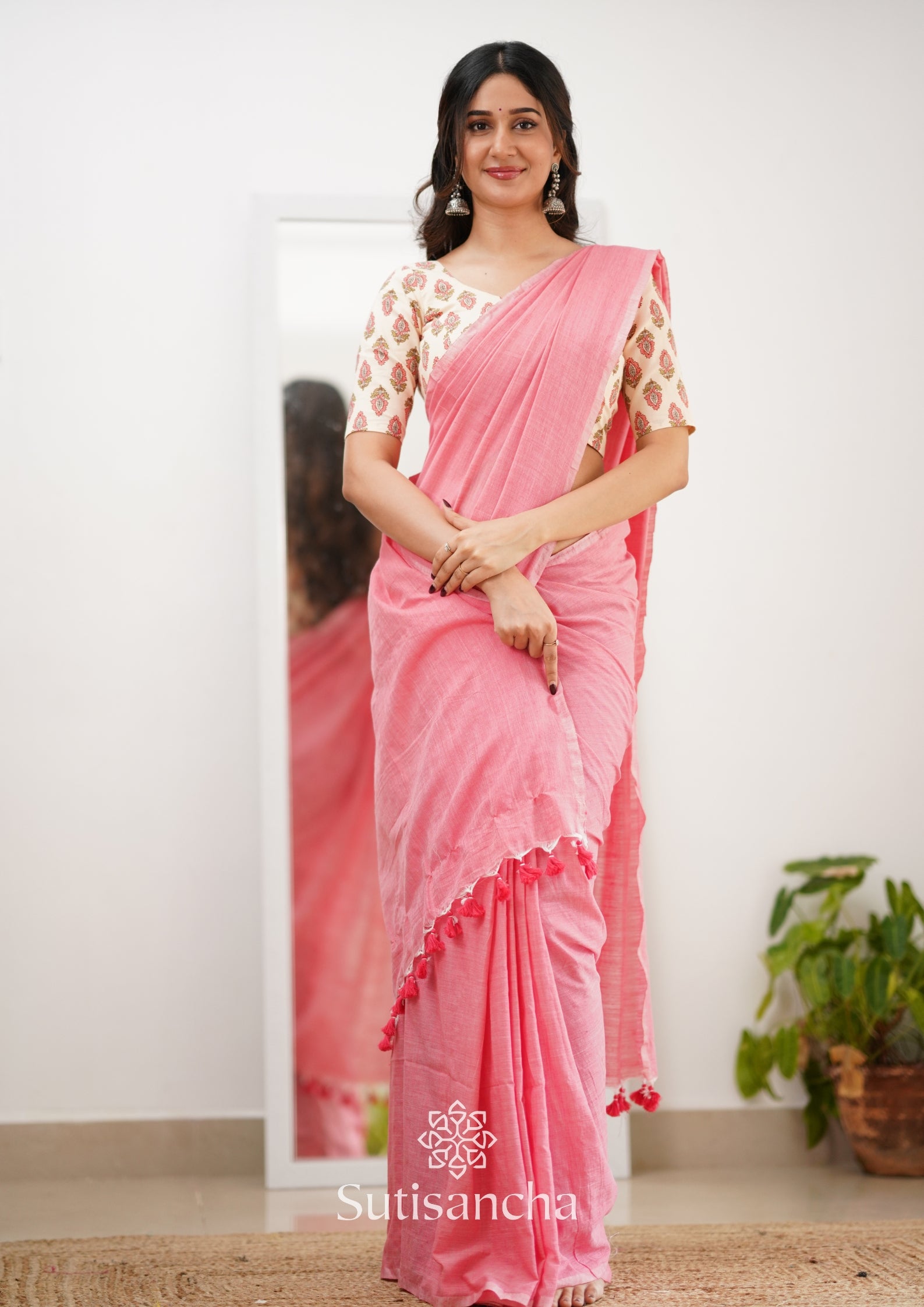 Sutisancha Peach Handloom Cotton Saree With Designer Blouse