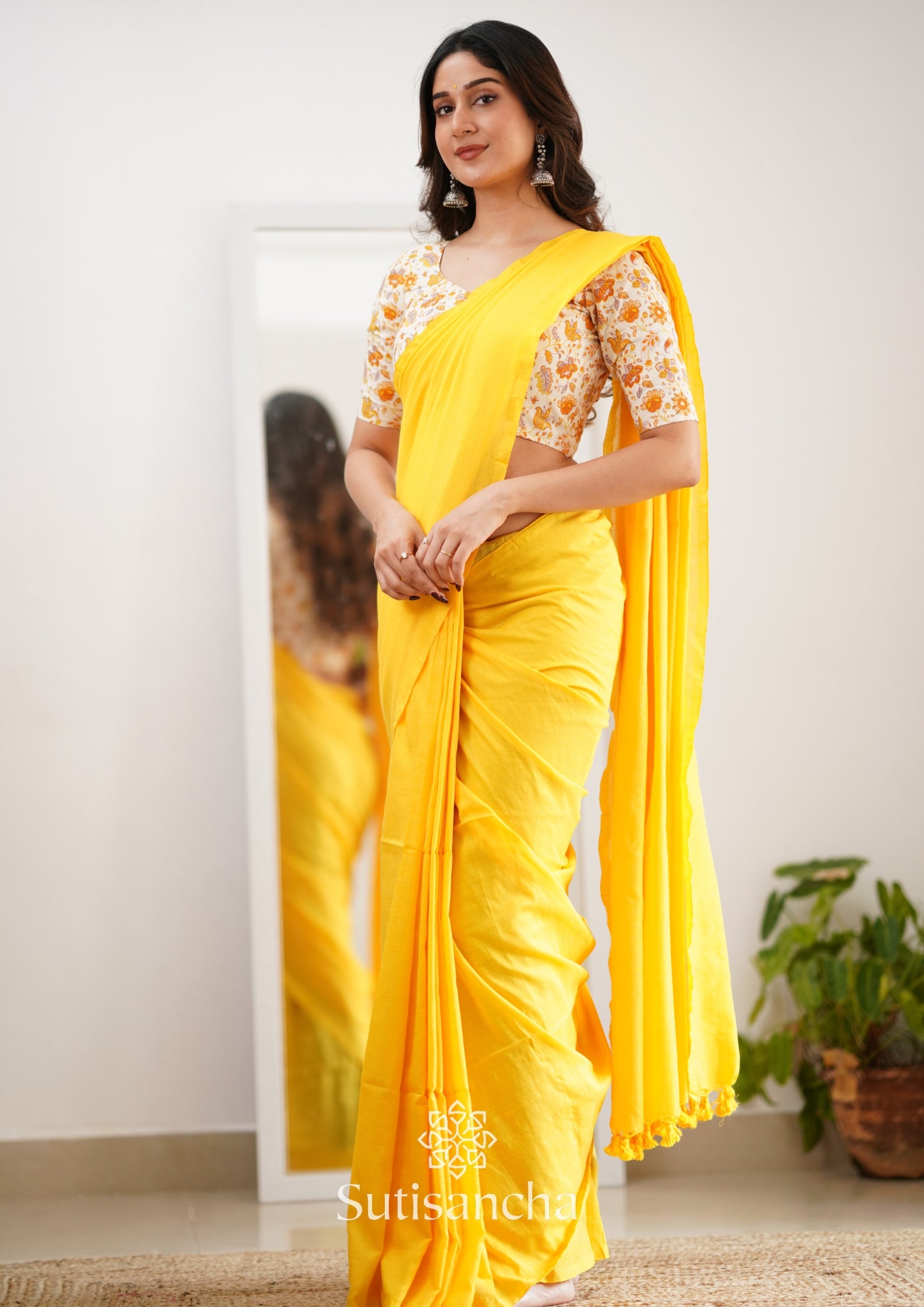 Sutisancha Yellow Handloom Cotton Saree With Designer Blouse