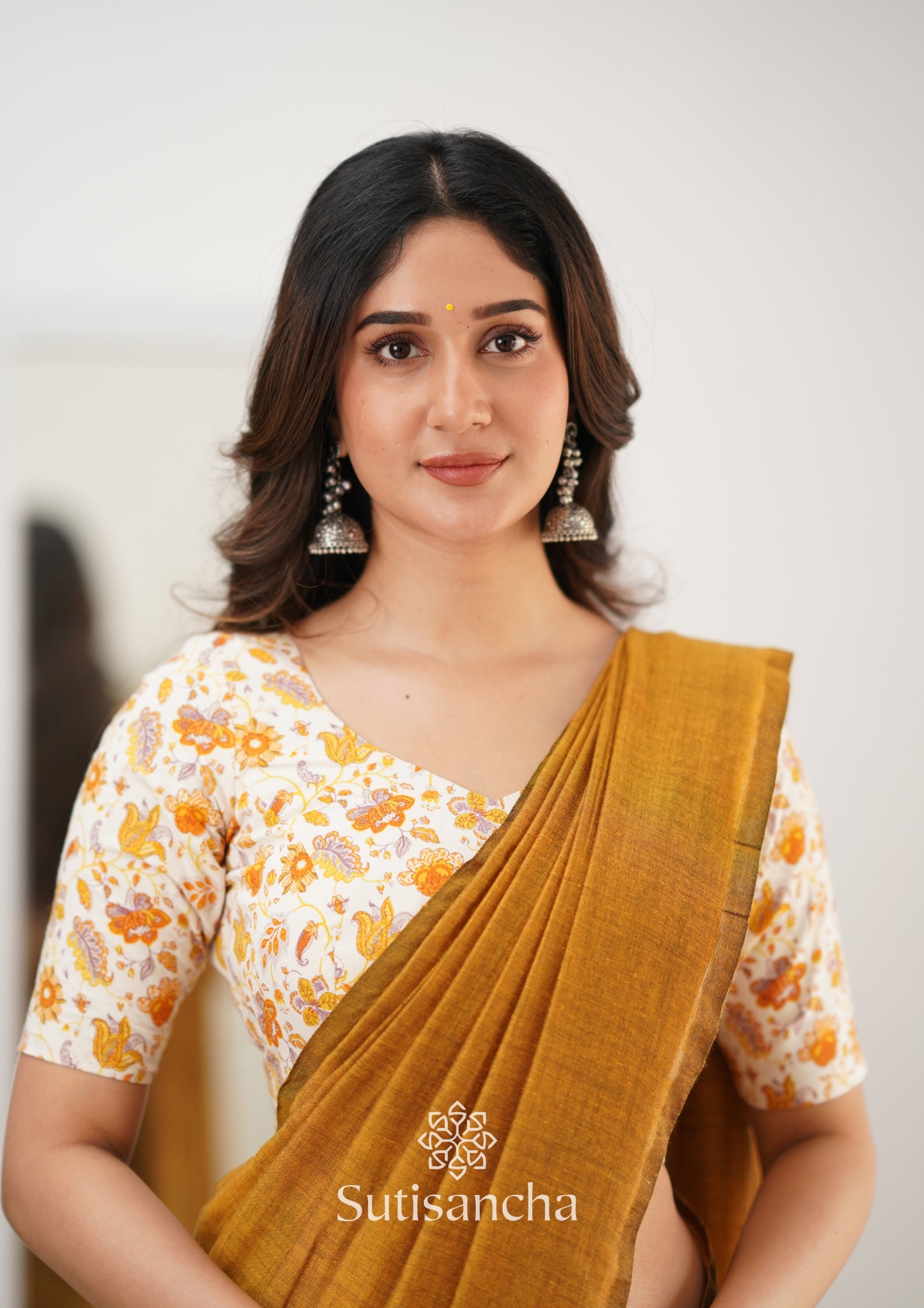 Sutisancha Mustard Handloom Cotton Saree With Designer Blouse