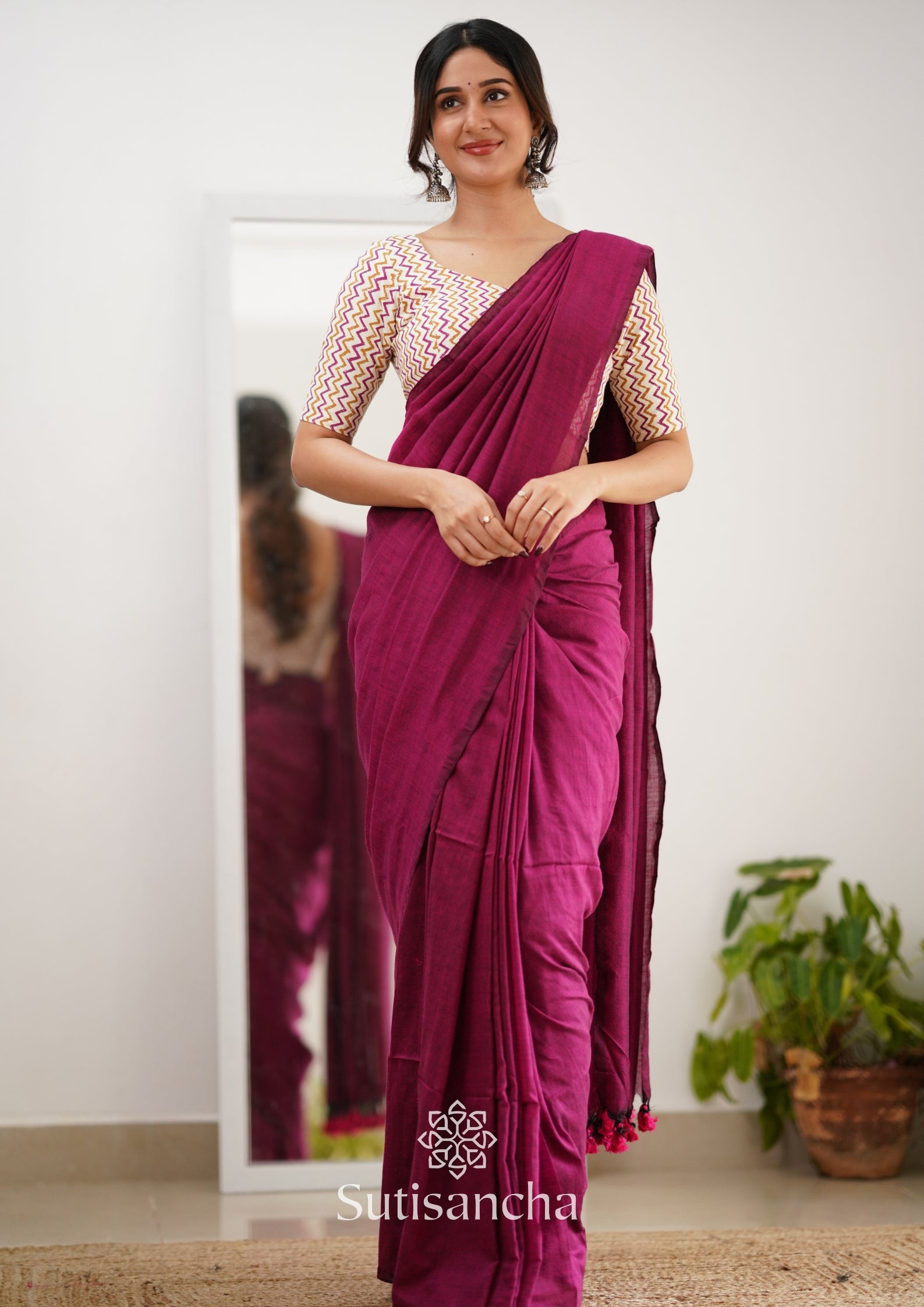 Sutisancha Queenpink Handloom Cotton Saree With Designer Blouse