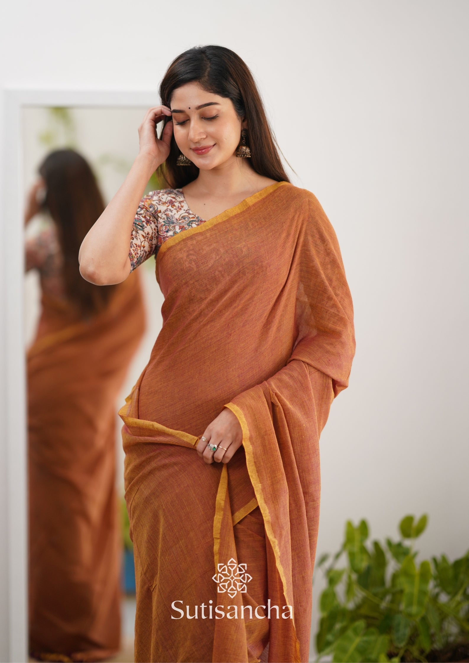 Sutisancha Rust Orange Cotton Saree Designer work Blouse