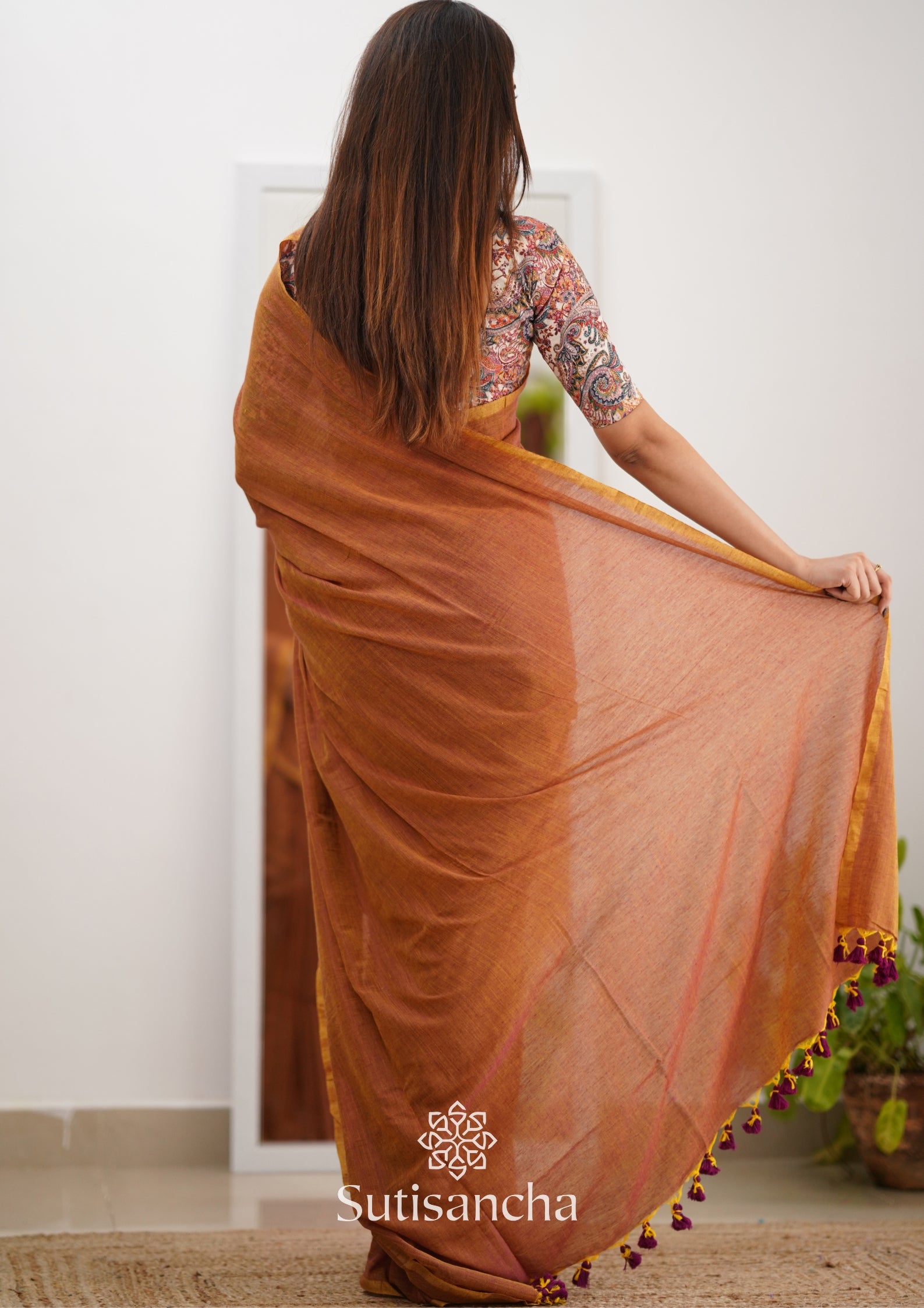 Sutisancha Rust Orange Cotton Saree Designer work Blouse