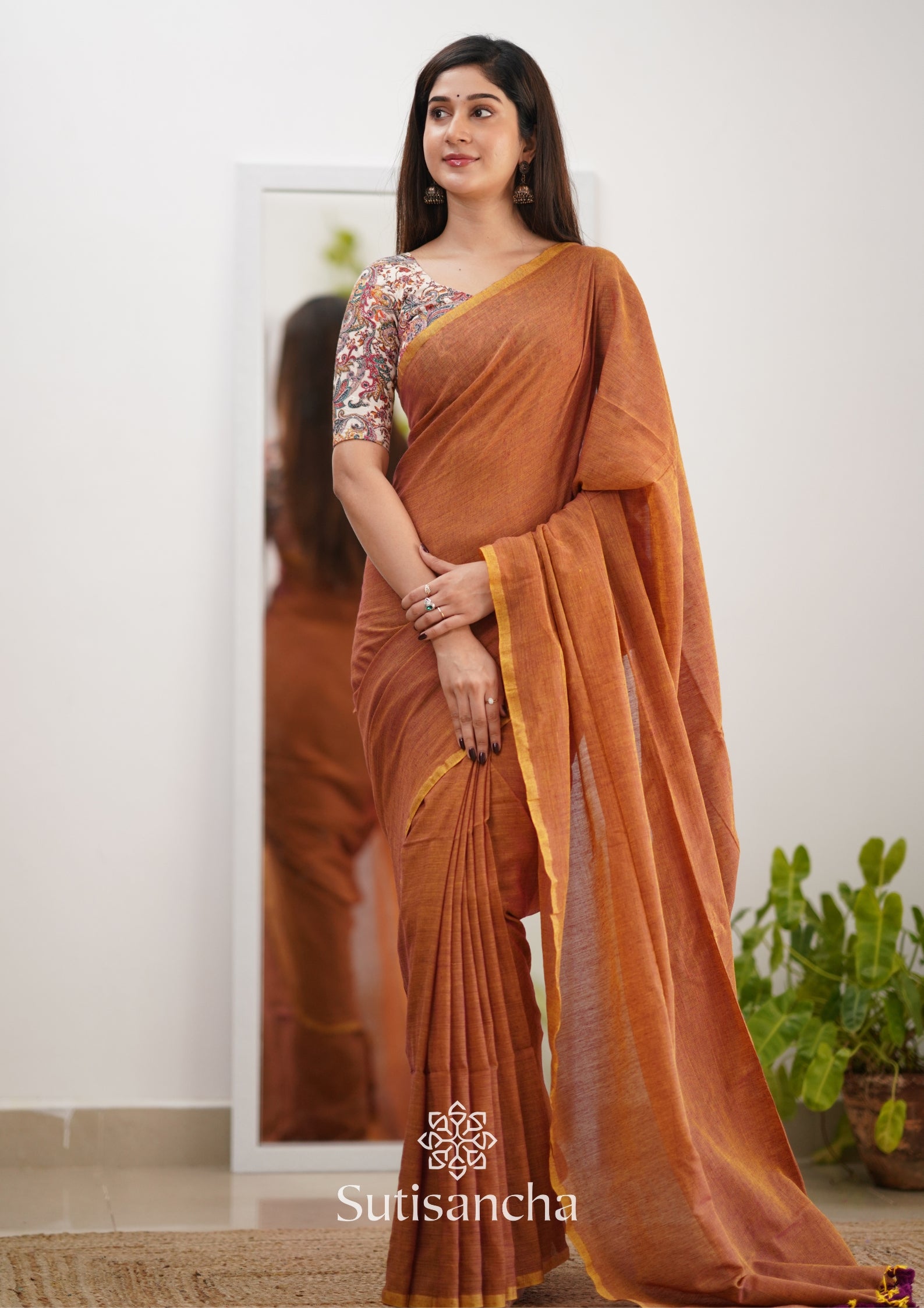 Sutisancha Rust Orange Cotton Saree Designer work Blouse