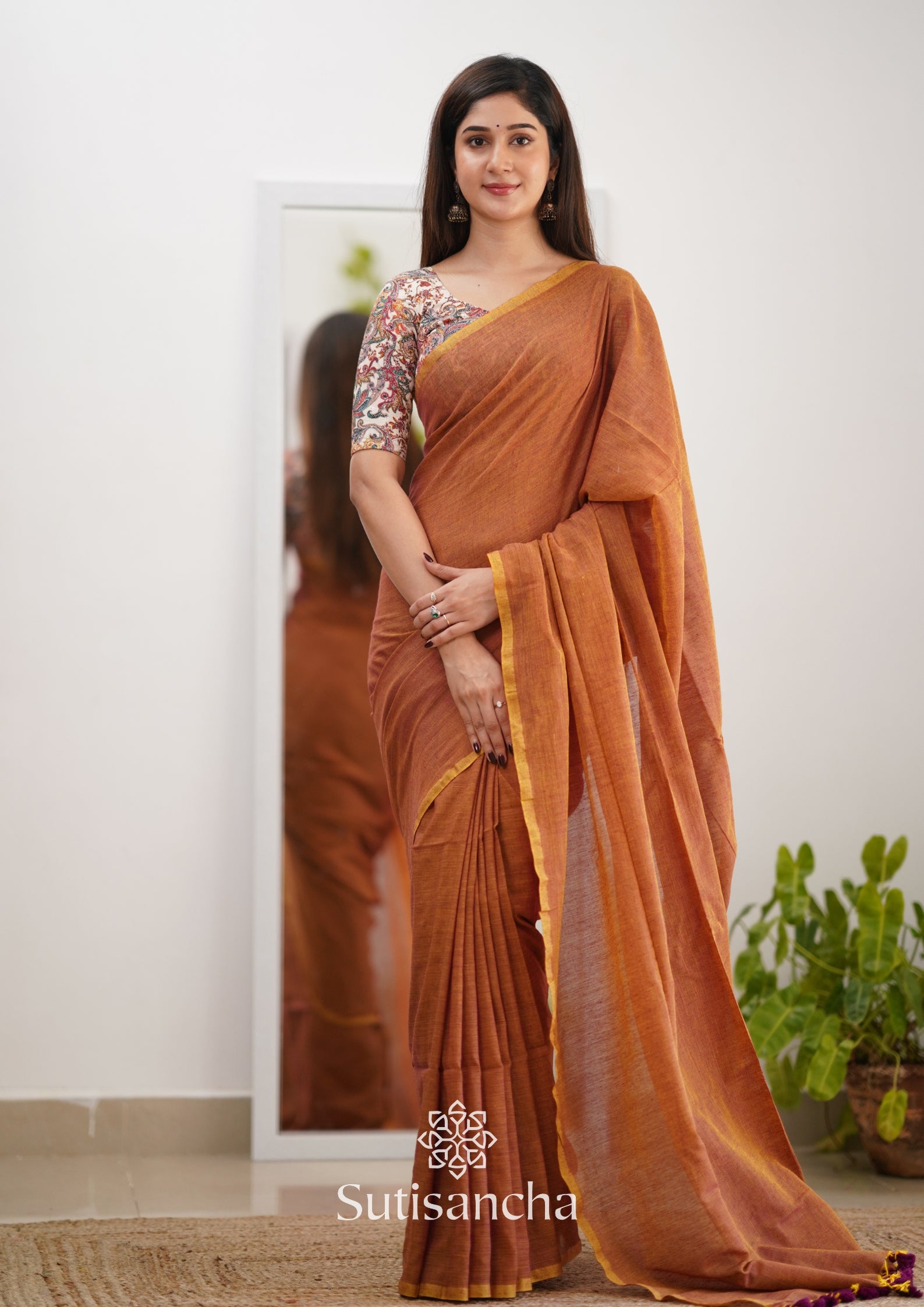 Sutisancha Rust Orange Cotton Saree Designer work Blouse