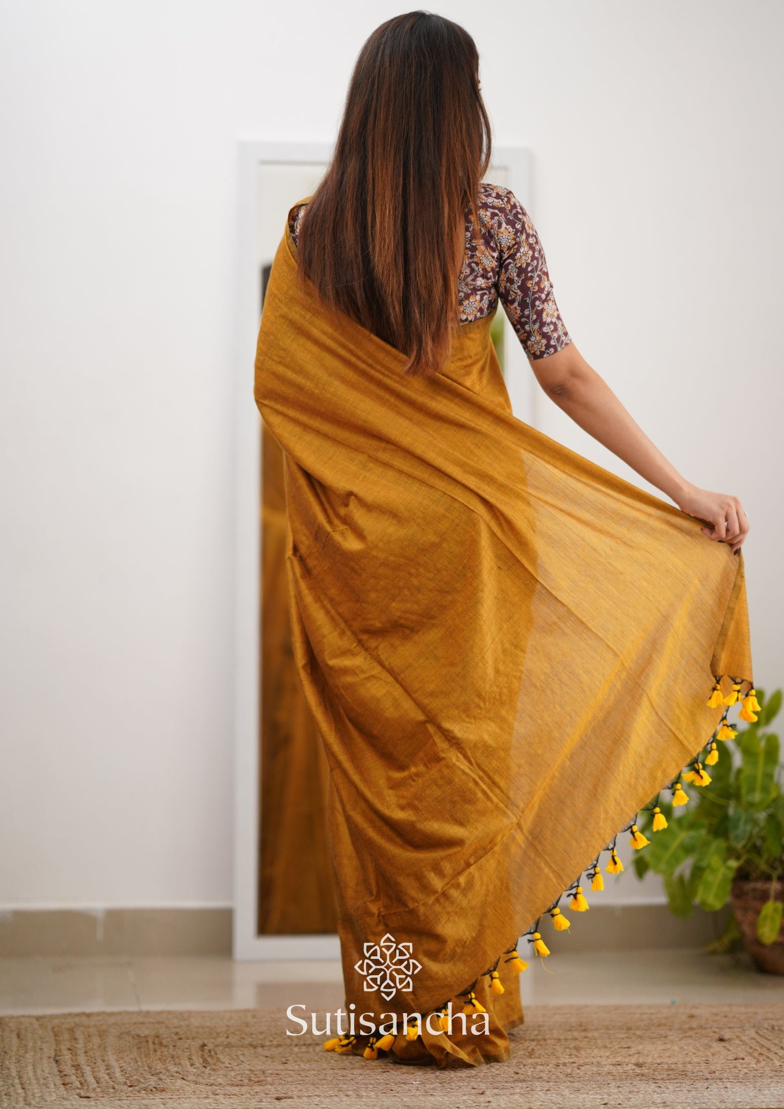 Sutisancha Mustard Khadi Saree & Designer Blouse