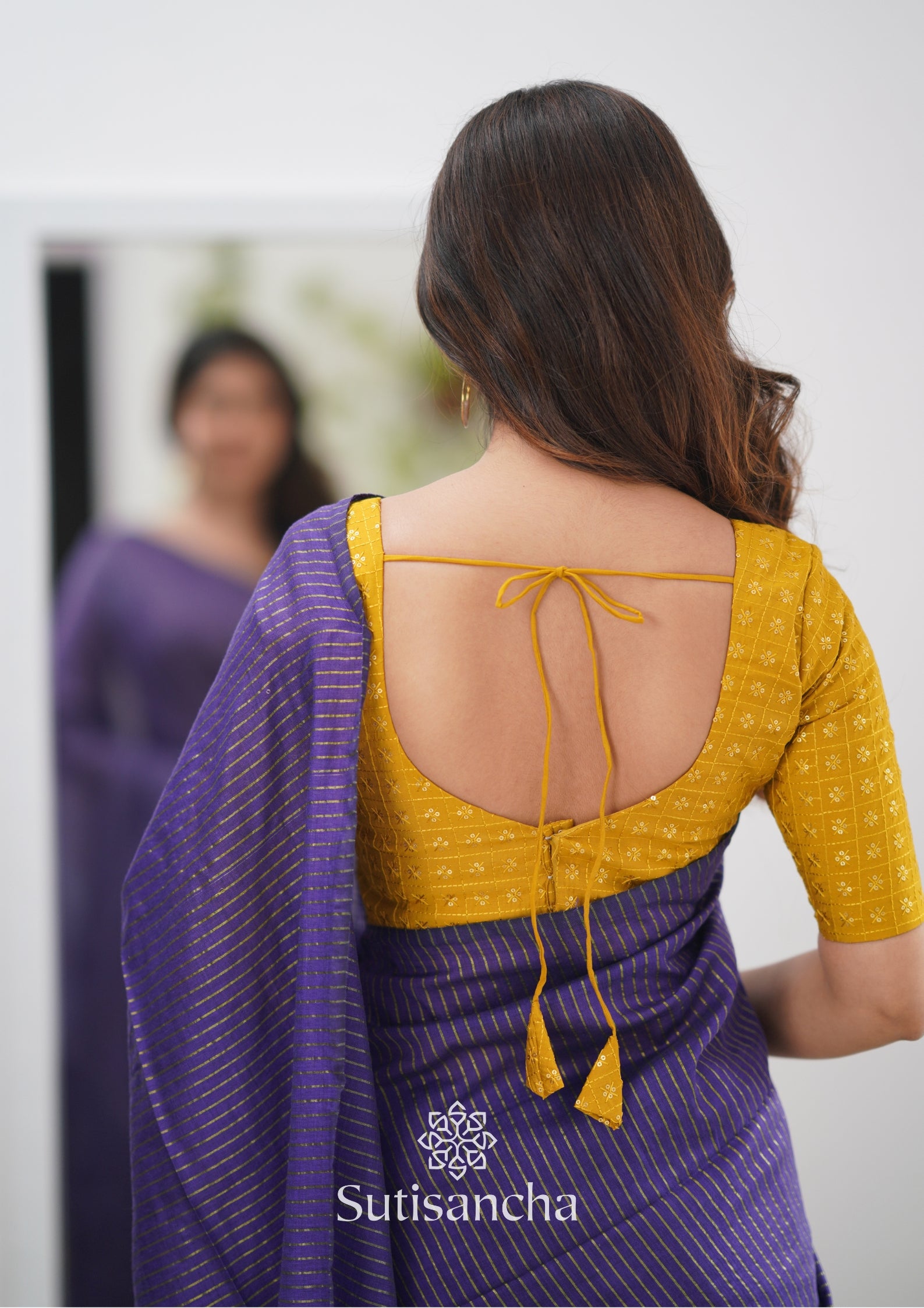 Sutisancha purple Stripe cotton Saree designer work Blouse