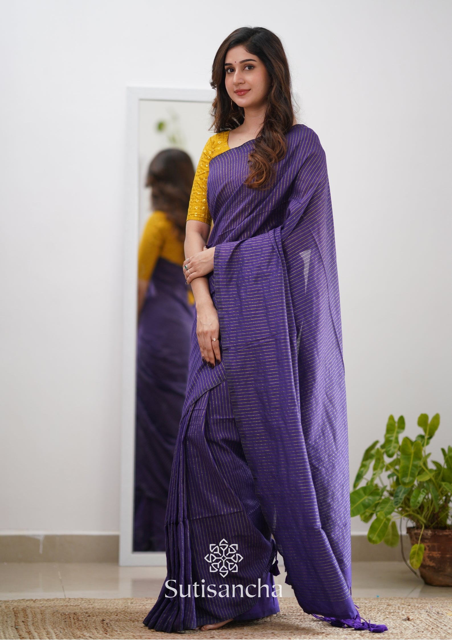 Sutisancha purple Stripe cotton Saree designer work Blouse