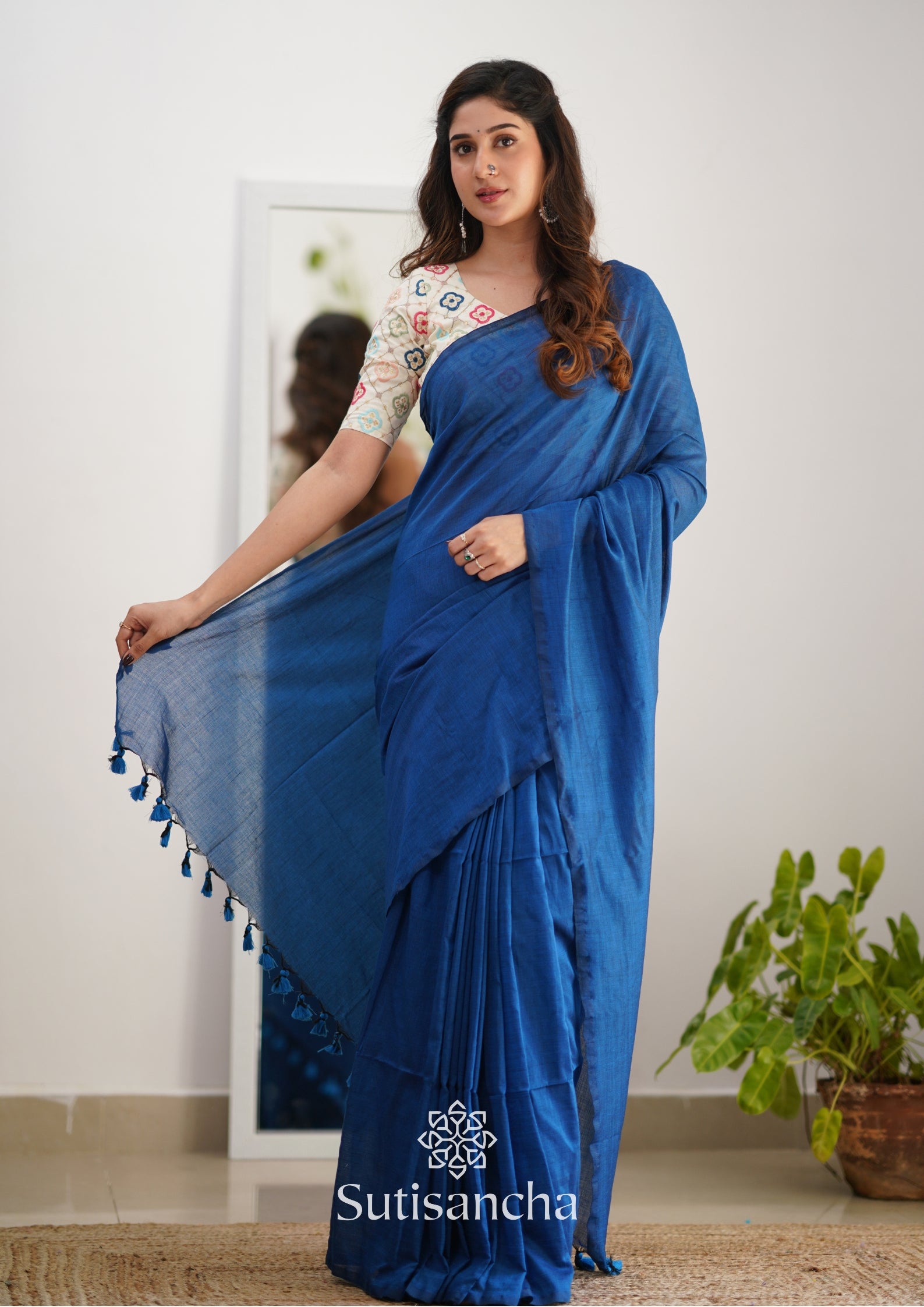 Sutisancha Indigoblue Handloom Cotton Saree with Designer Blouse