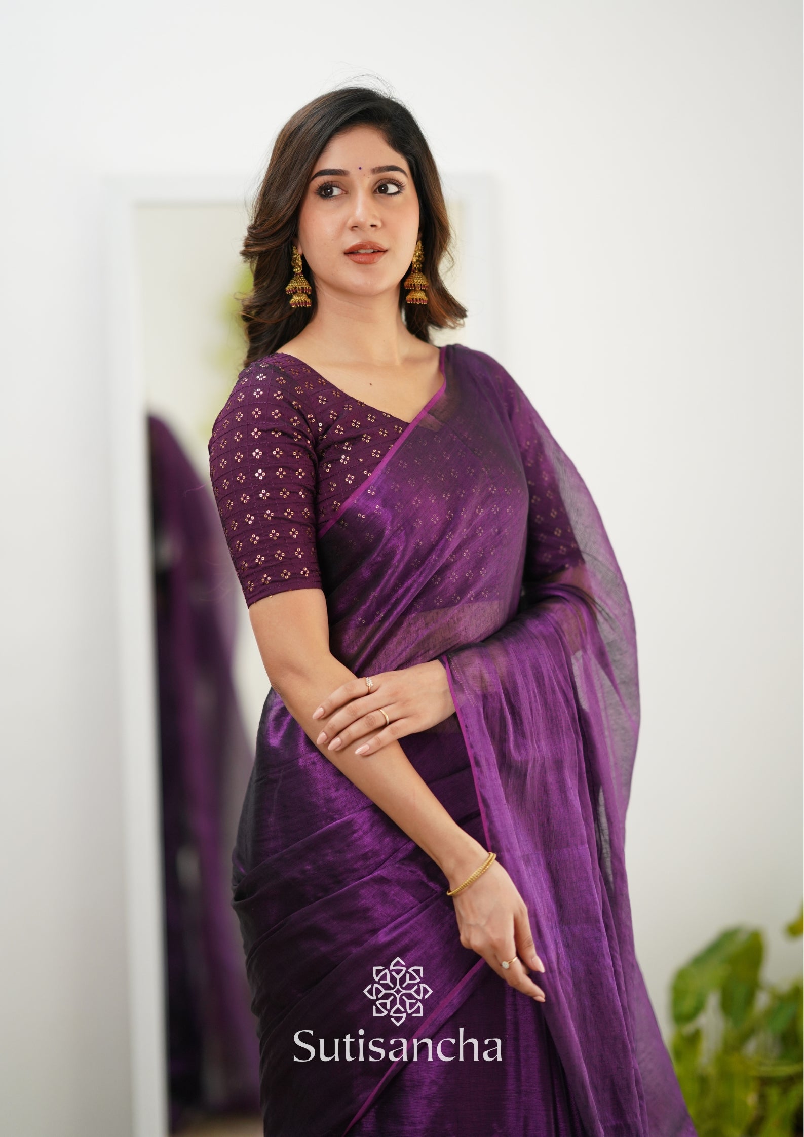 Sutisancha Purple Handloom Tissue Saree With Designer Blouse