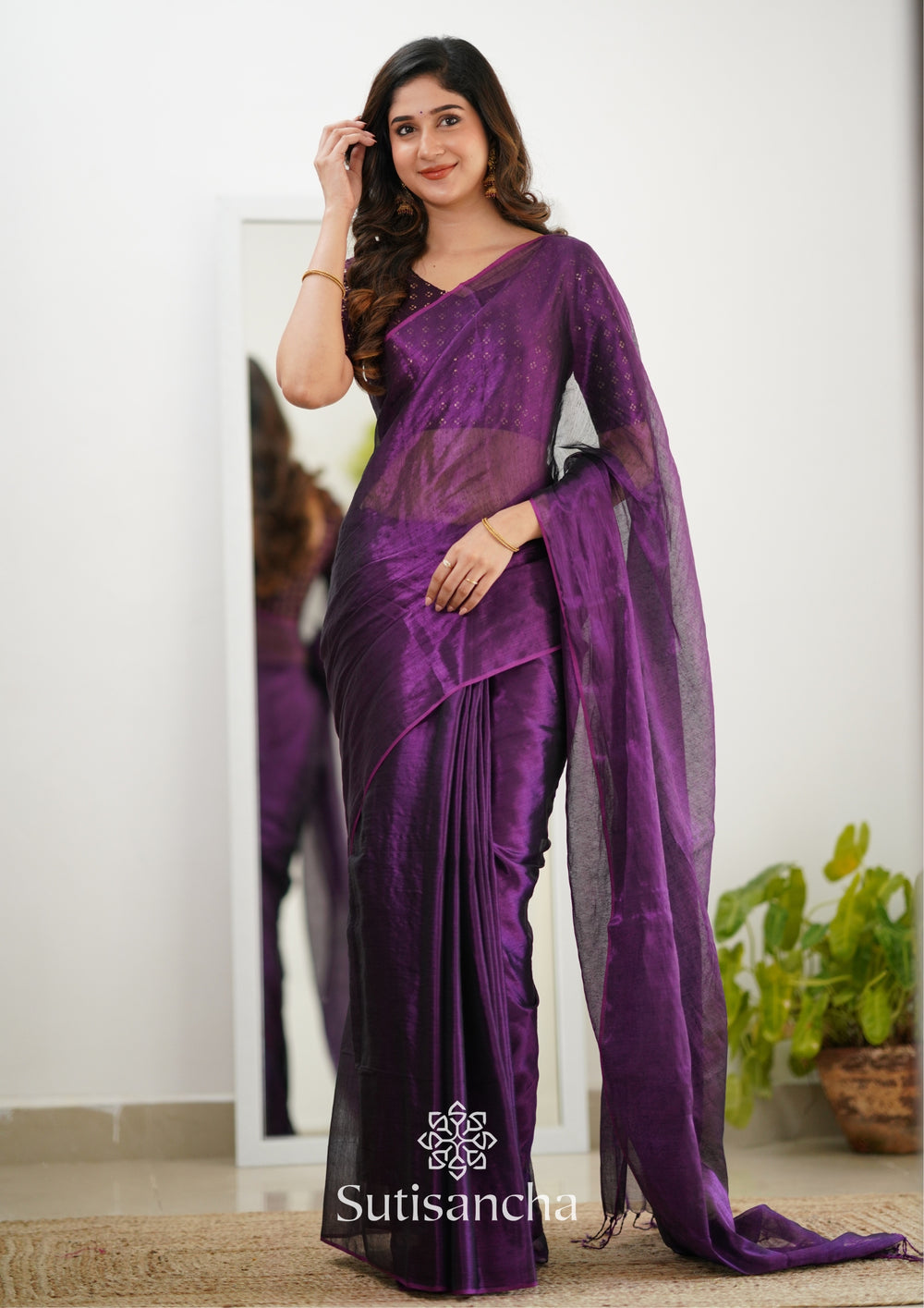 Purple Floral Embellished Tissue Saree With Unstitched Blouse Piece