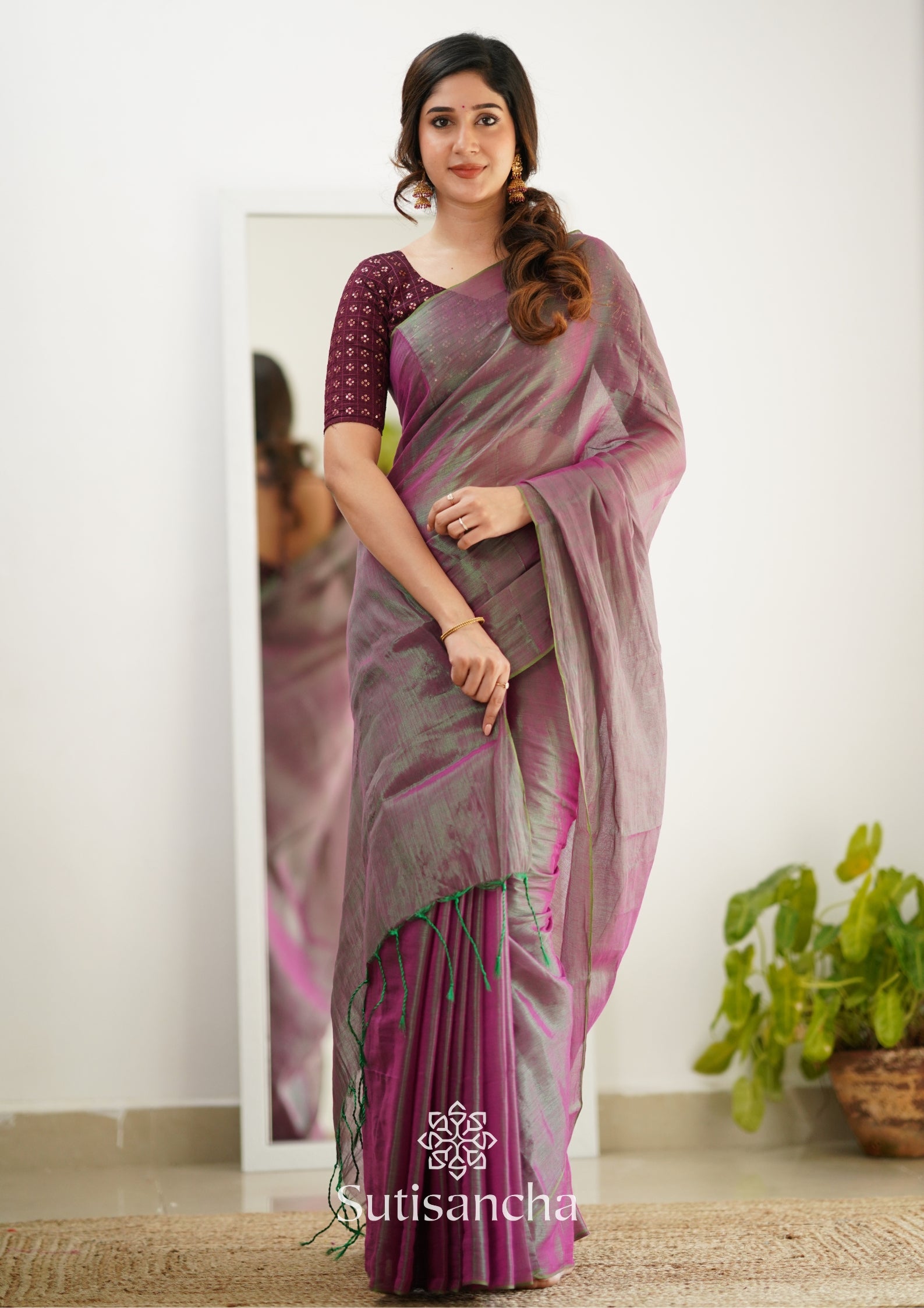 Sutisancha Onionpink Handloom Tissue Saree With Designer Blouse