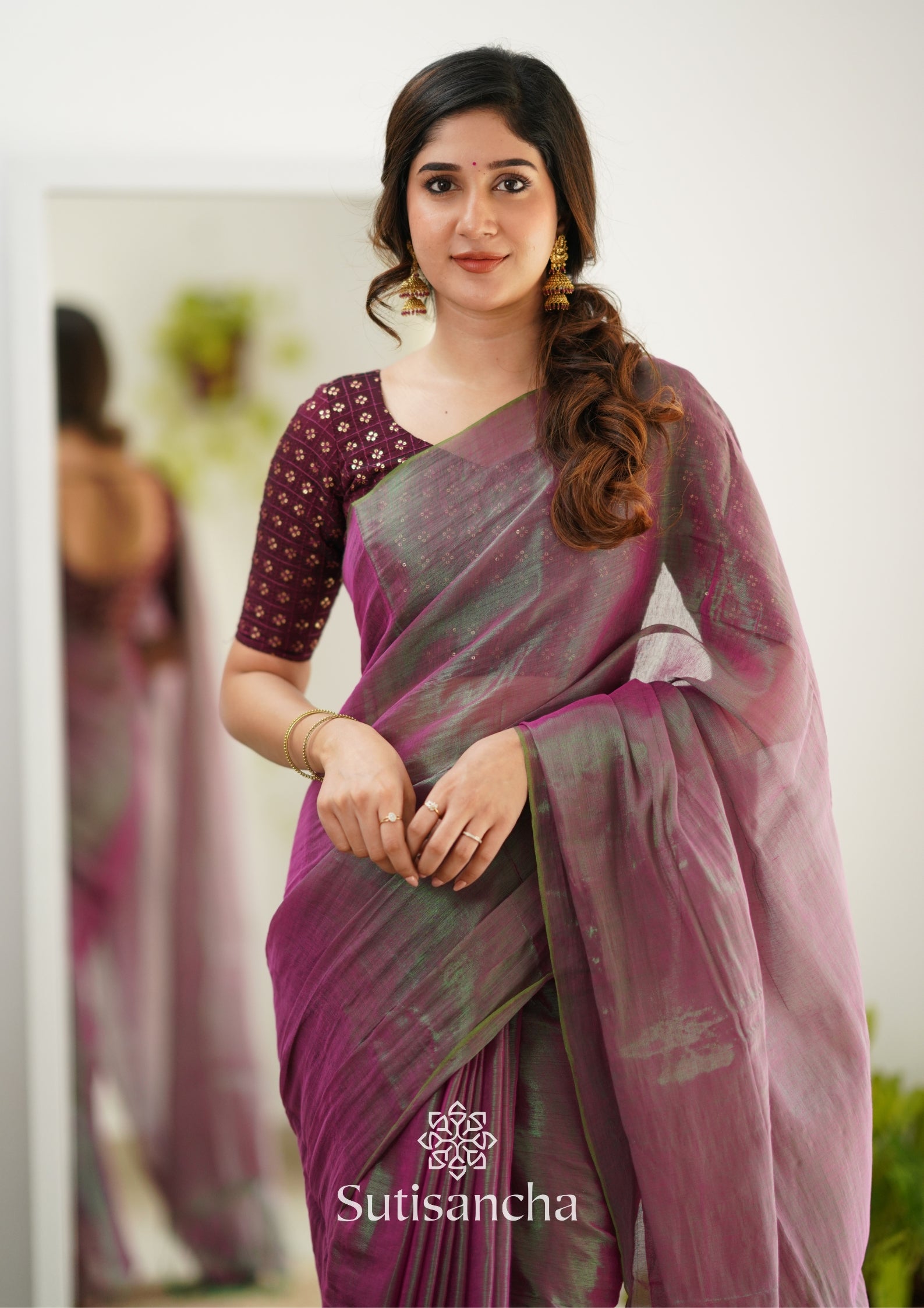 Sutisancha Onionpink Handloom Tissue Saree With Designer Blouse