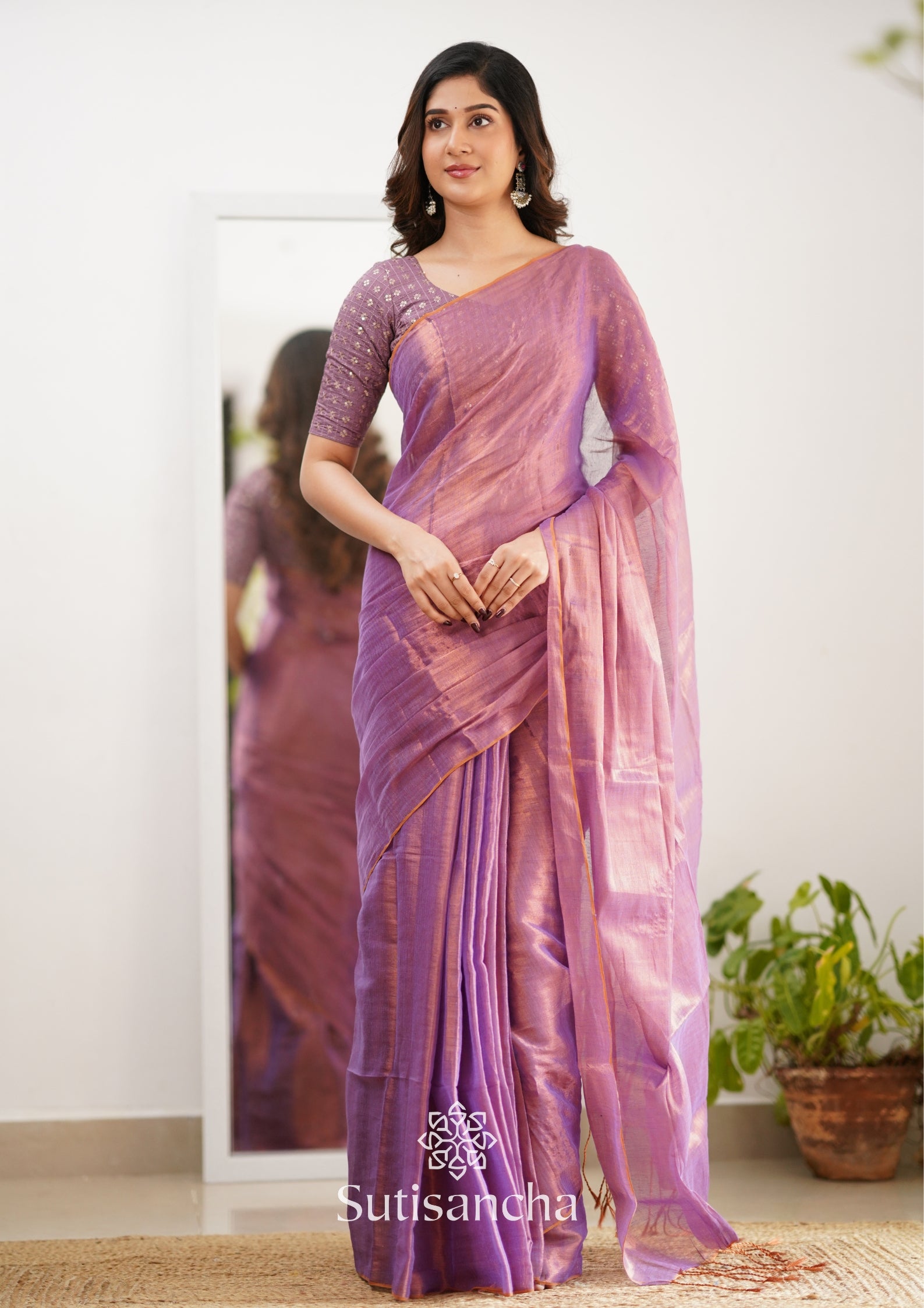 Sutisancha Blush Pink Handloom Tissue Saree With Designer Blouse