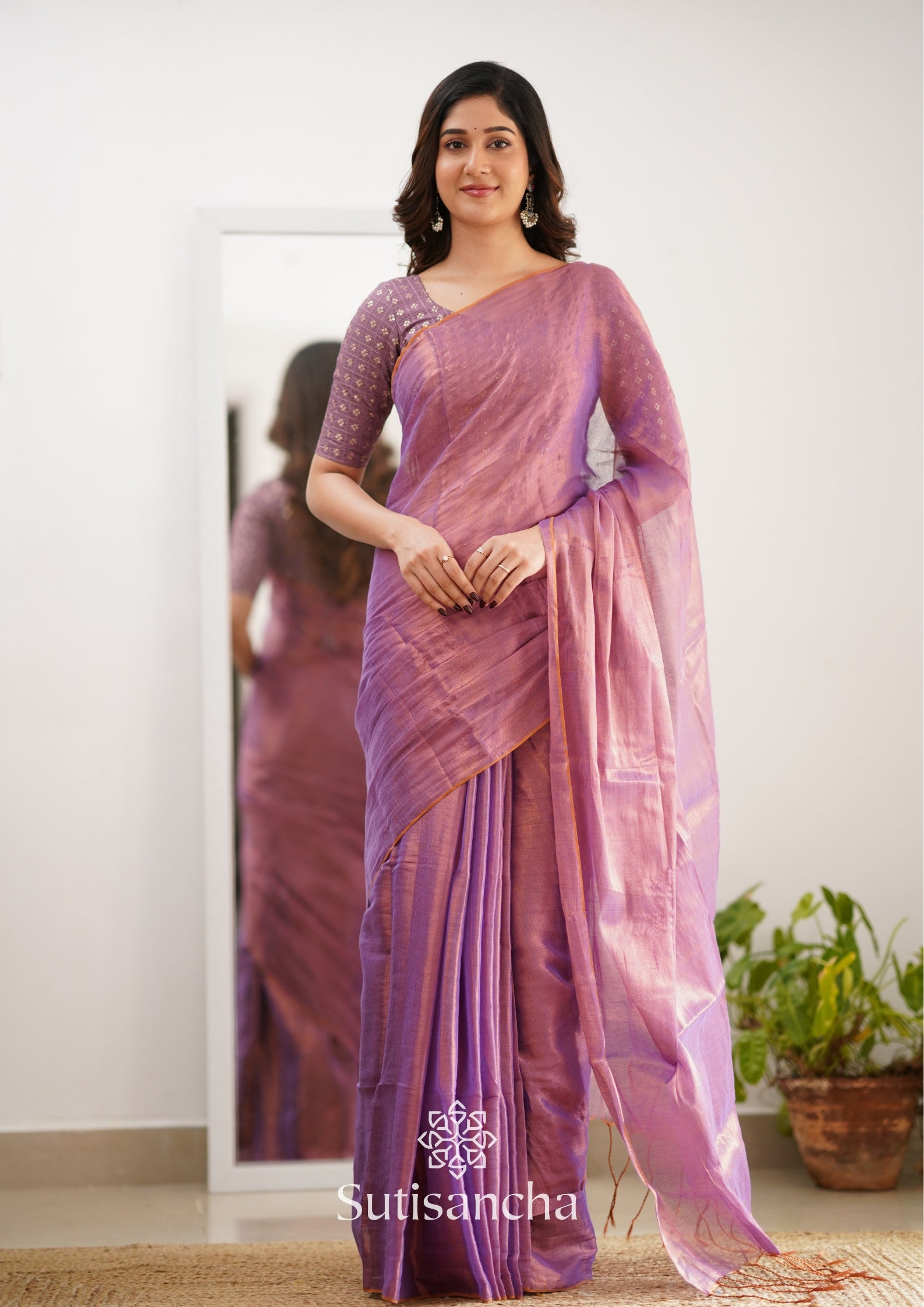 Sutisancha Blush Pink Handloom Tissue Saree With Designer Blouse