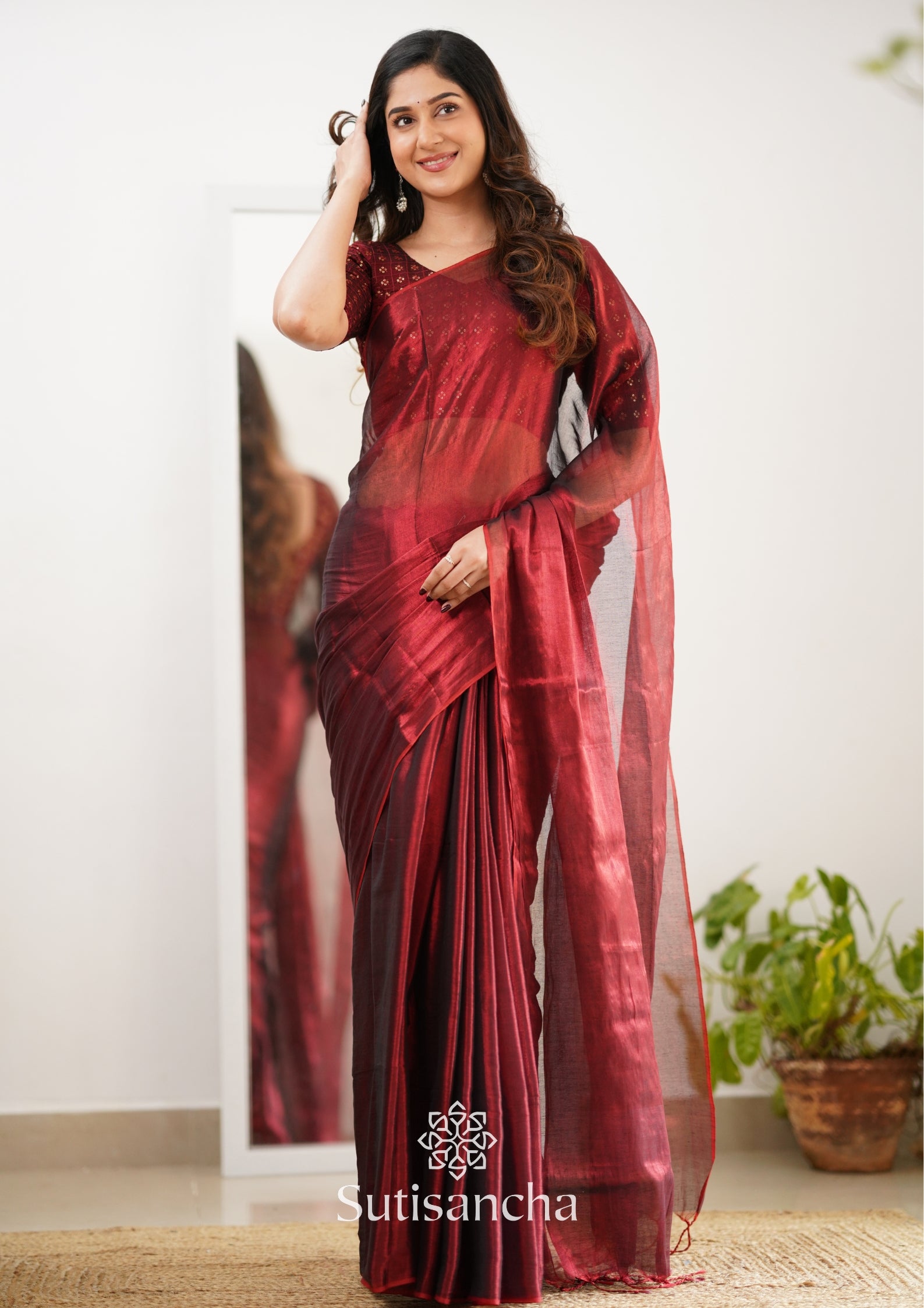 Sutisancha Maroon Handloom Tissue Saree With Designer Blouse