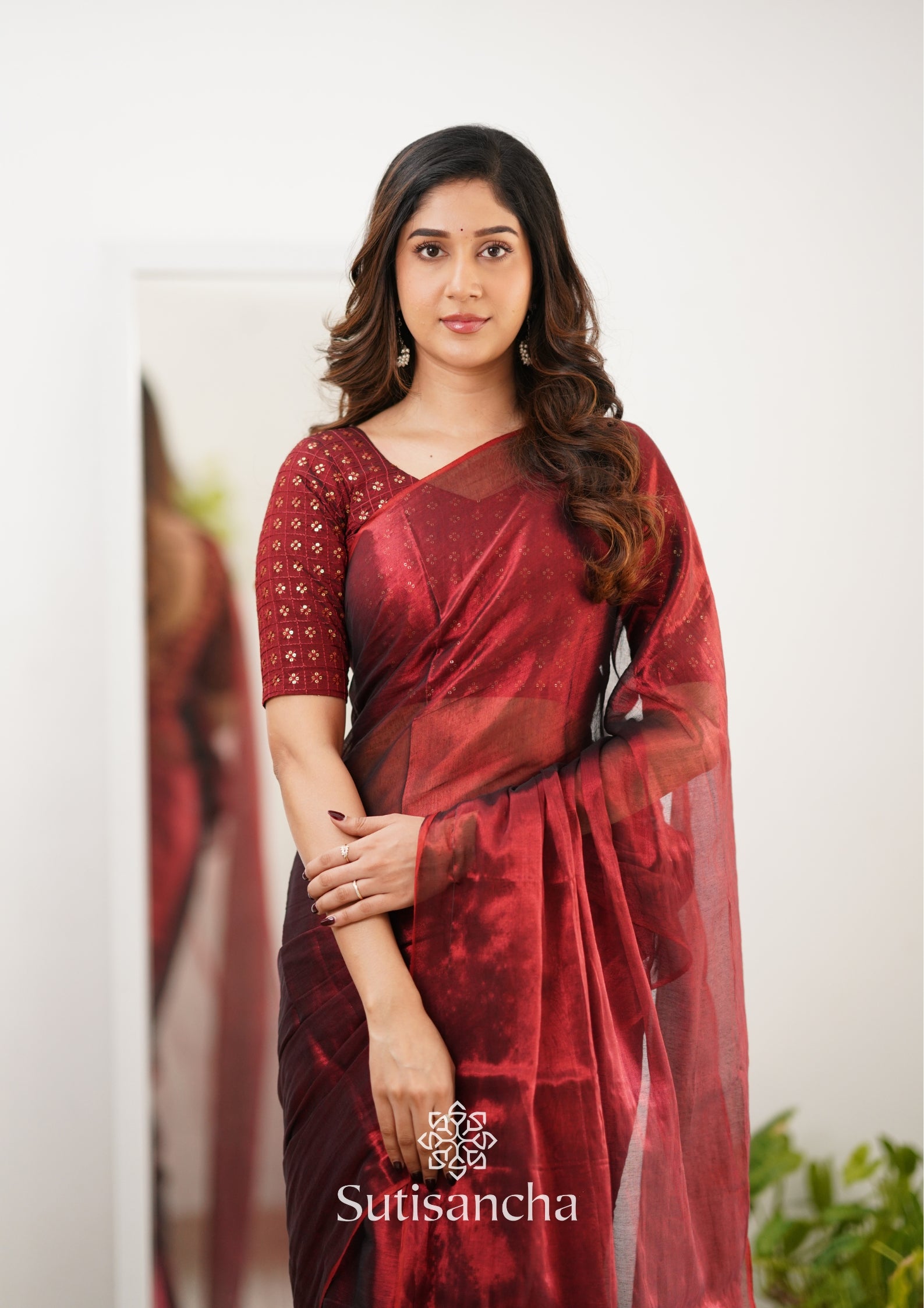 Sutisancha Maroon Handloom Tissue Saree With Designer Blouse