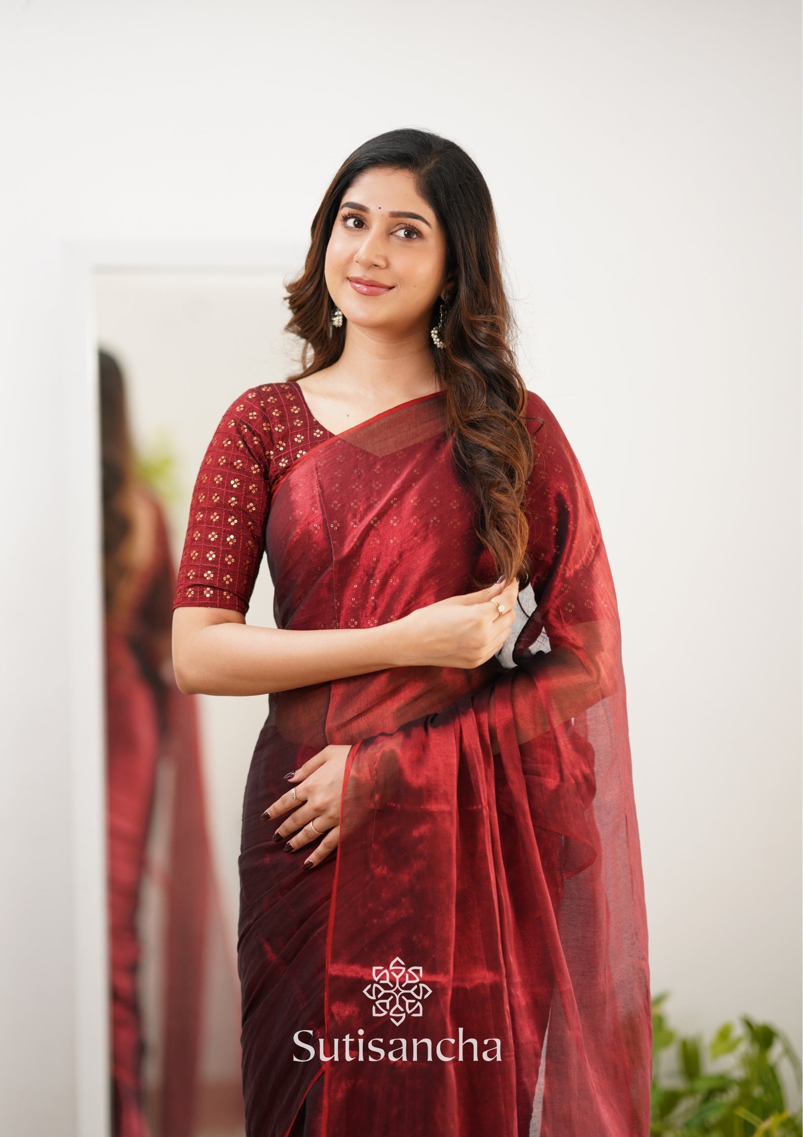 Sutisancha Maroon Handloom Tissue Saree With Designer Blouse