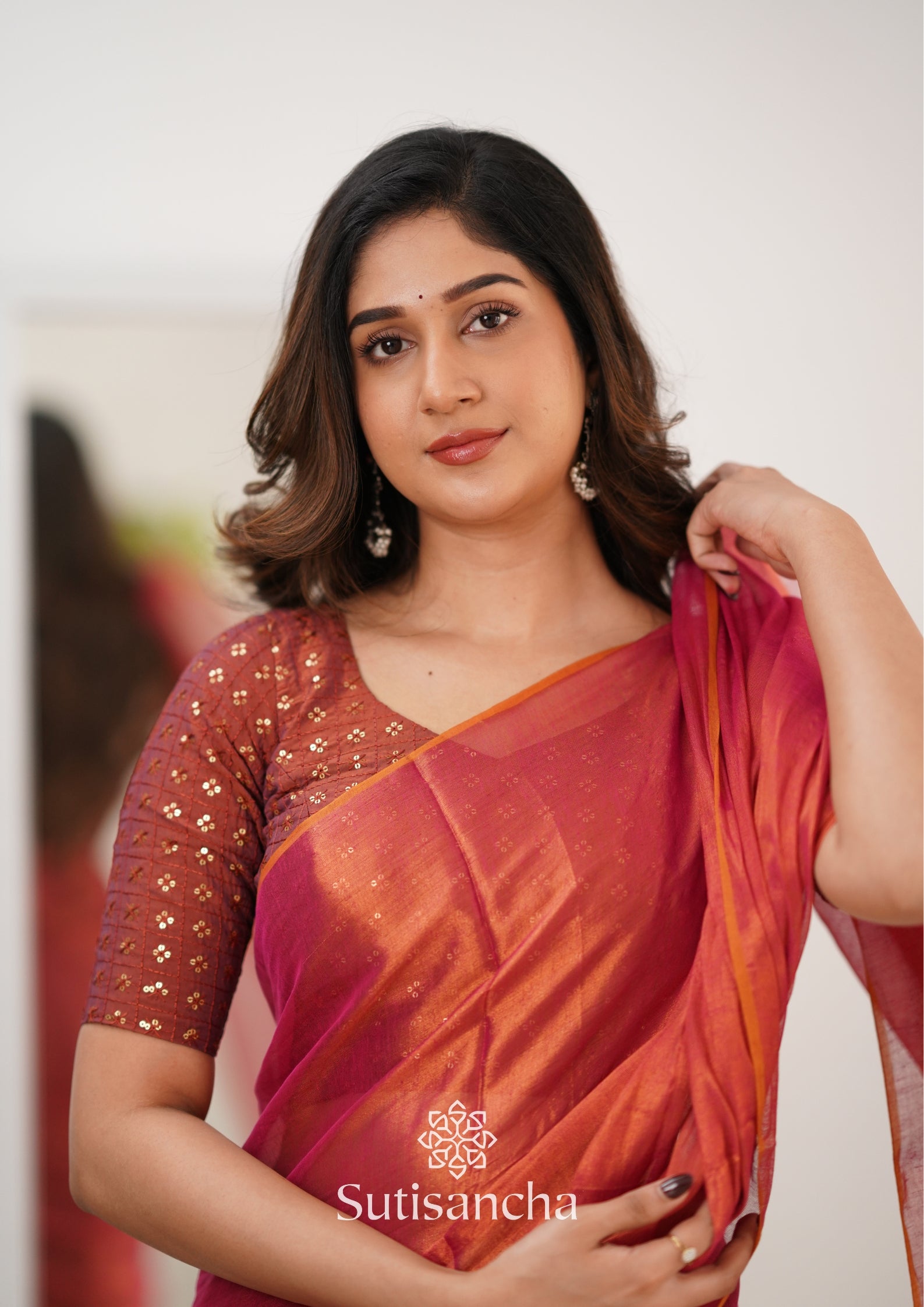 Sutisancha Peach Handloom Tissue Saree With Designer Blouse