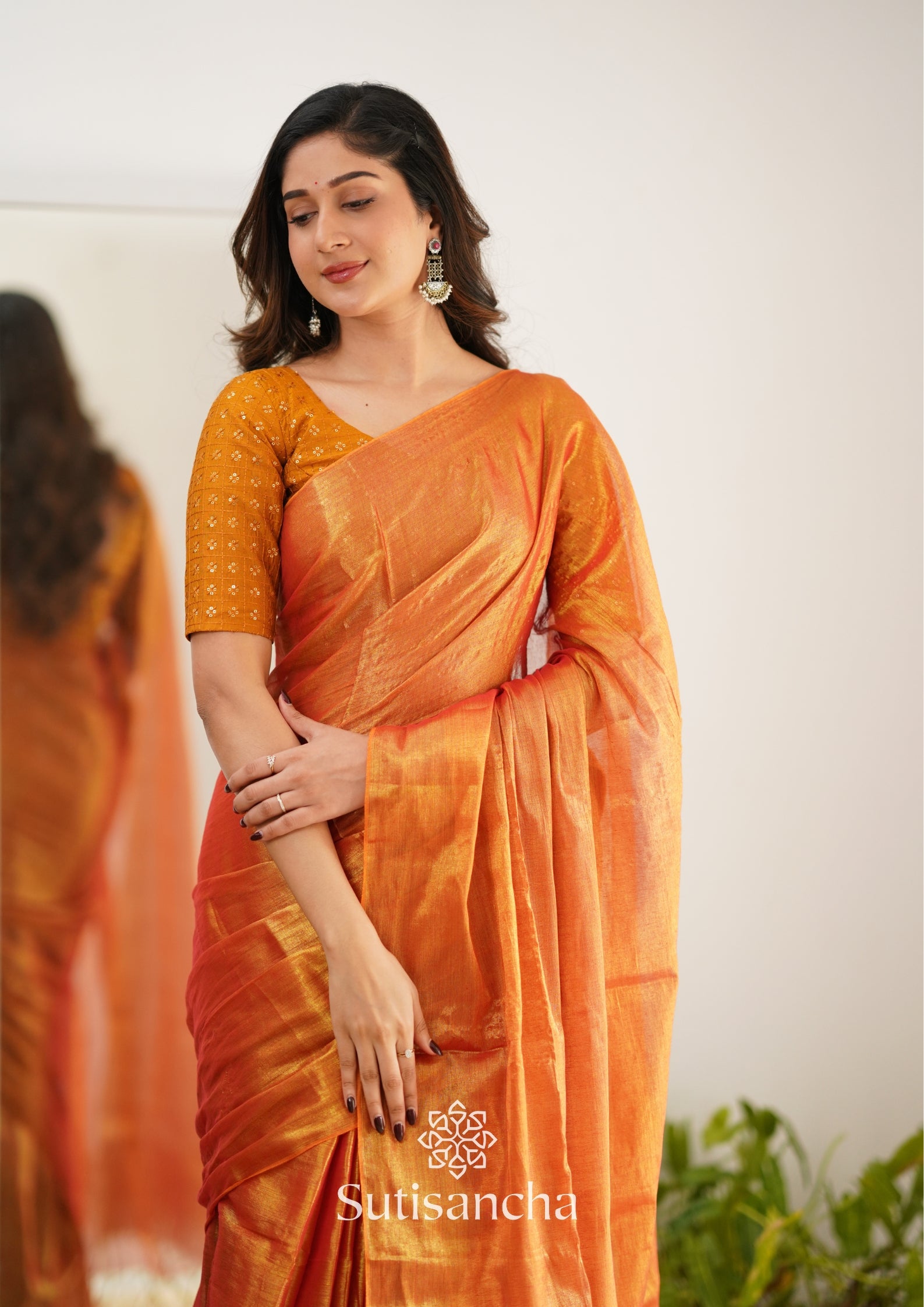 Sutisancha Orange Handloom Tissue Saree With Designer Blouse