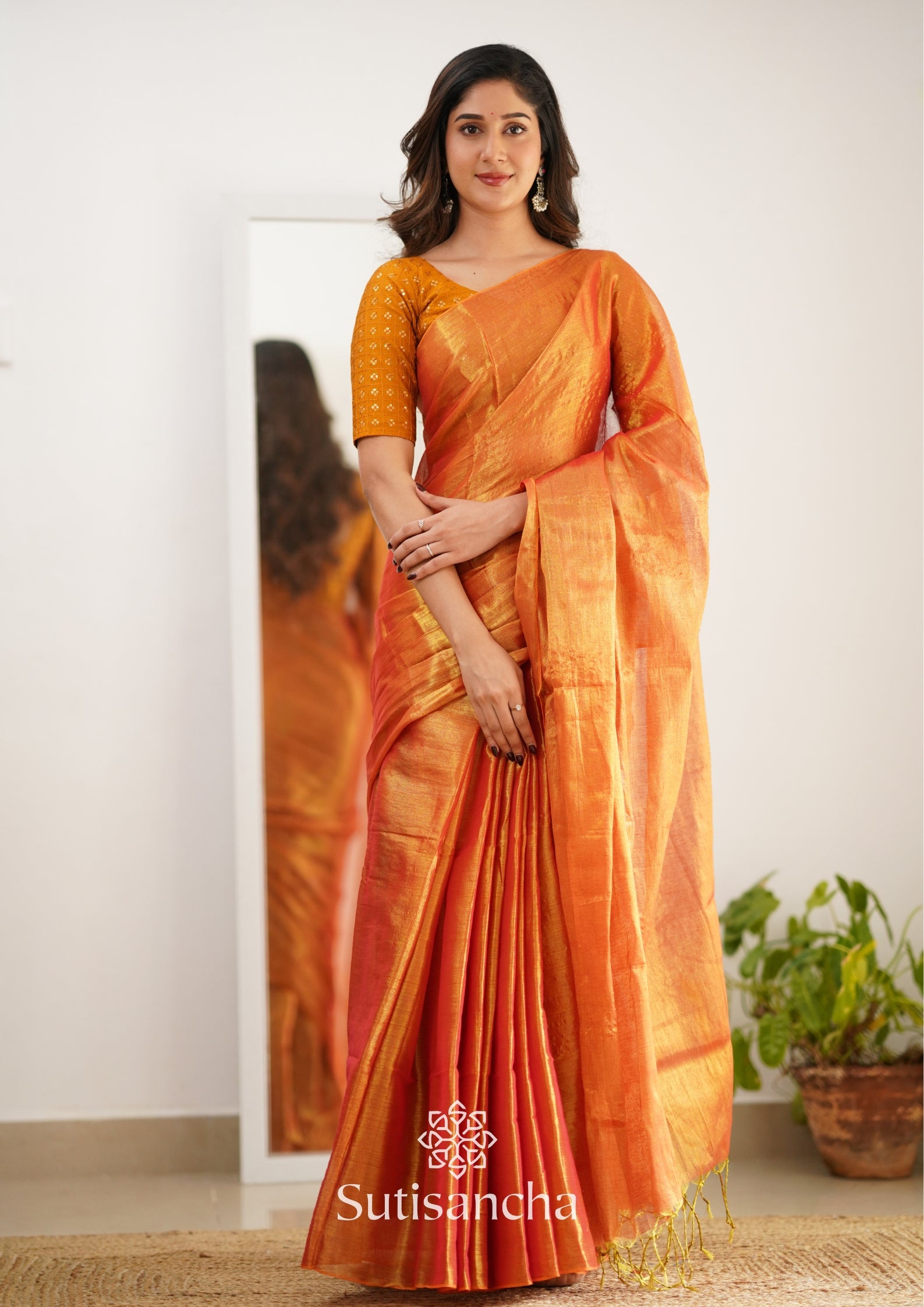 Sutisancha Orange Handloom Tissue Saree With Designer Blouse