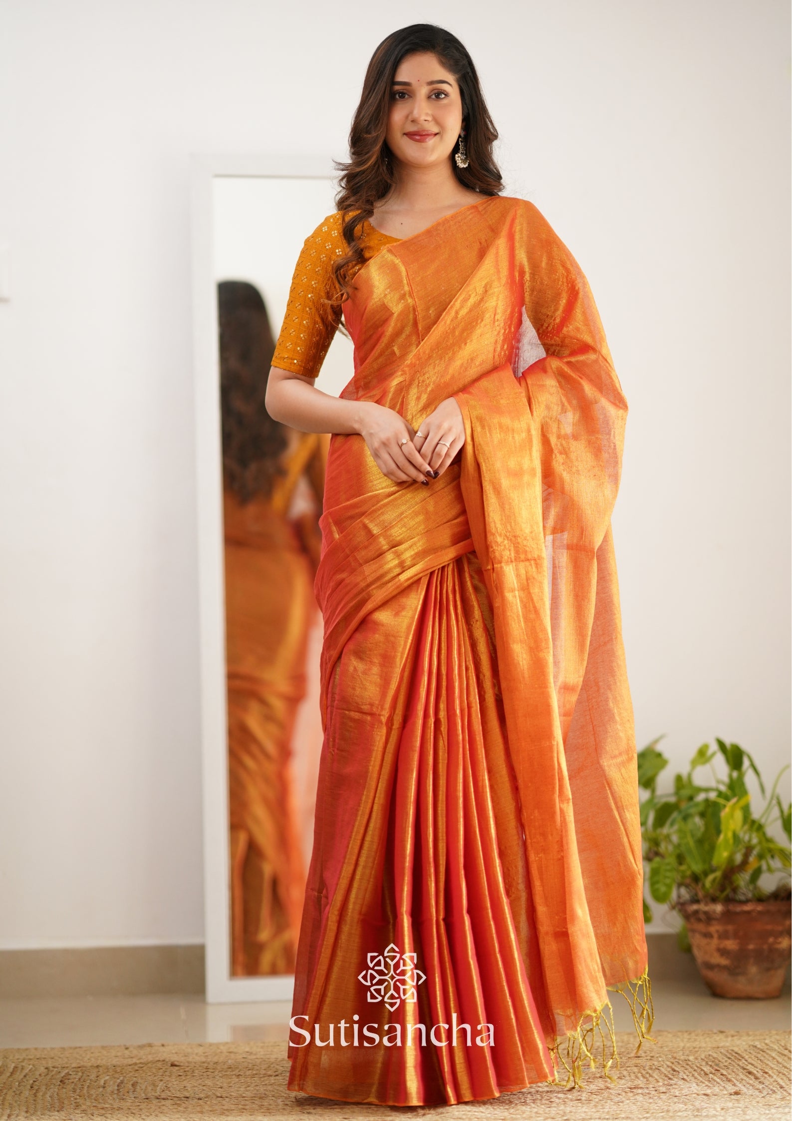 Sutisancha Orange Handloom Tissue Saree With Designer Blouse