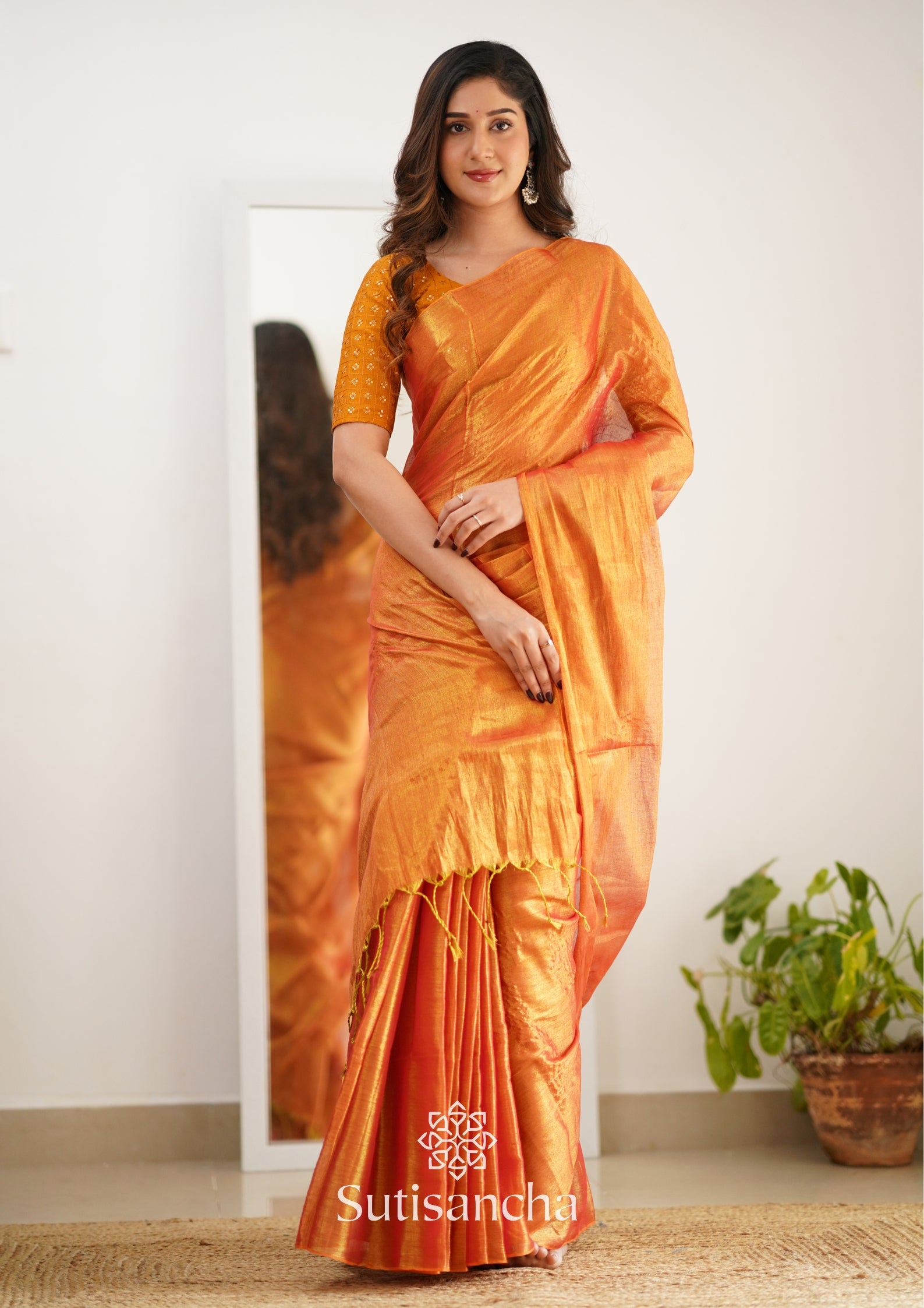 Sutisancha Orange Handloom Tissue Saree With Designer Blouse