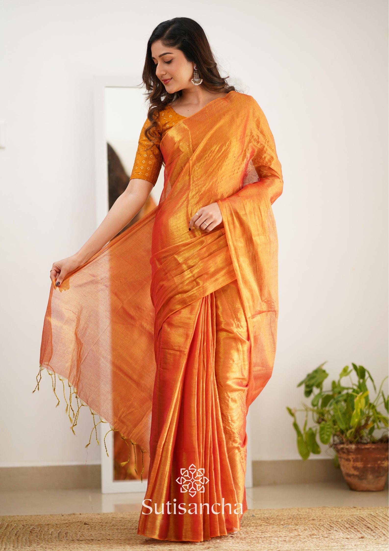 Sutisancha Orange Handloom Tissue Saree With Designer Blouse