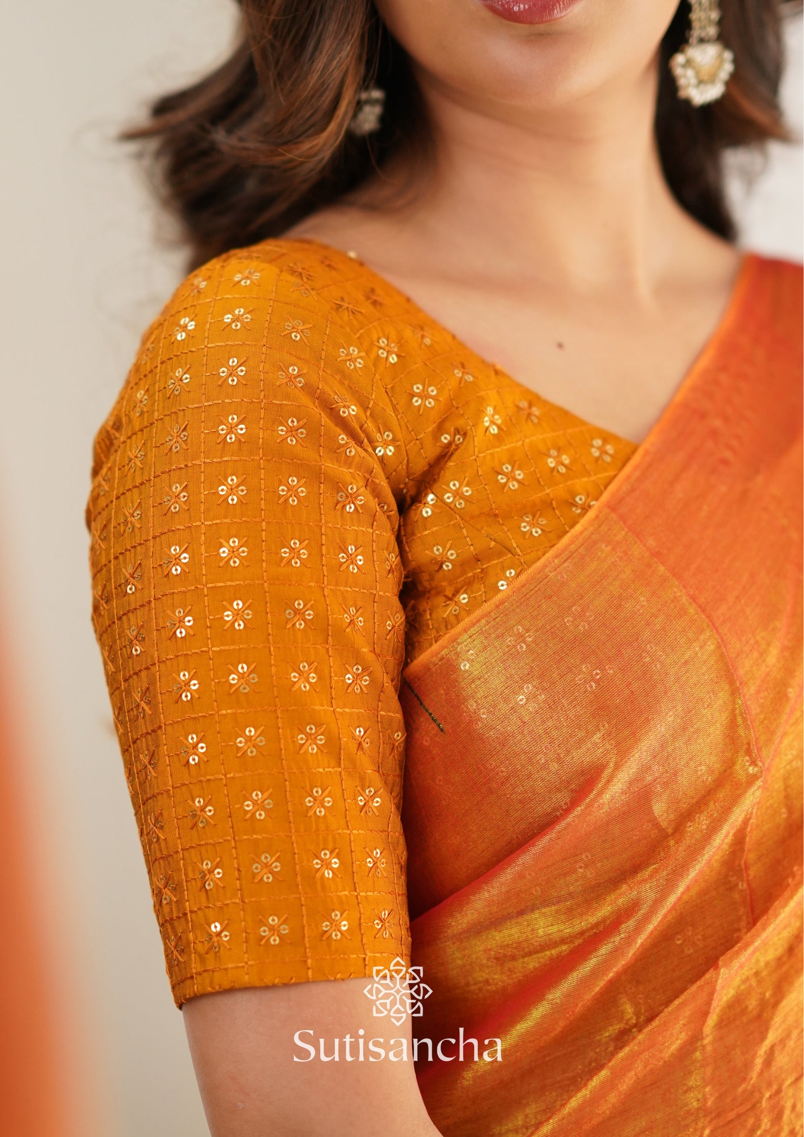 Sutisancha Orange Handloom Tissue Saree With Designer Blouse