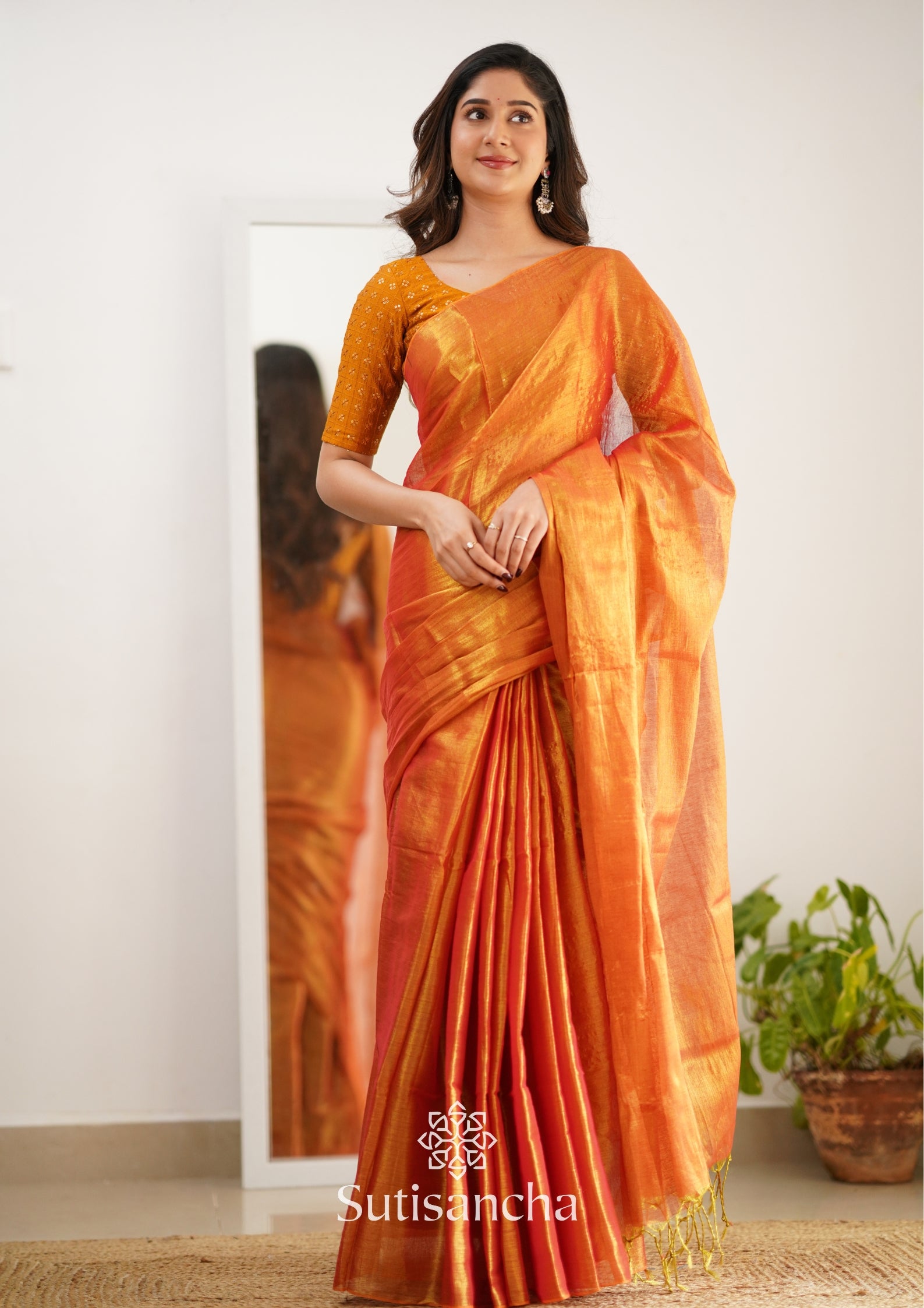 Sutisancha Orange Handloom Tissue Saree With Designer Blouse