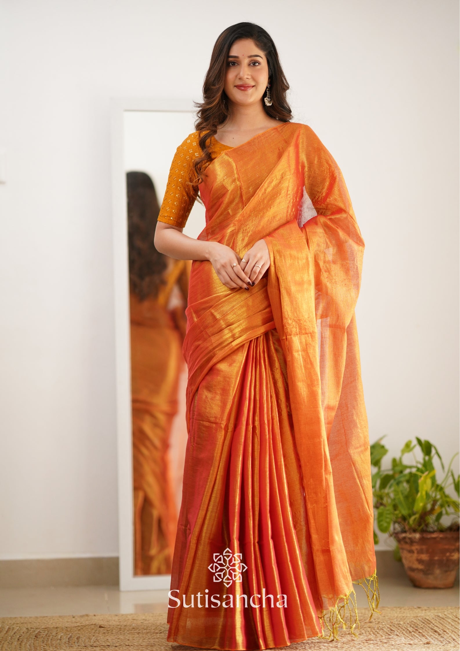 Sutisancha Orange Handloom Tissue Saree With Designer Blouse