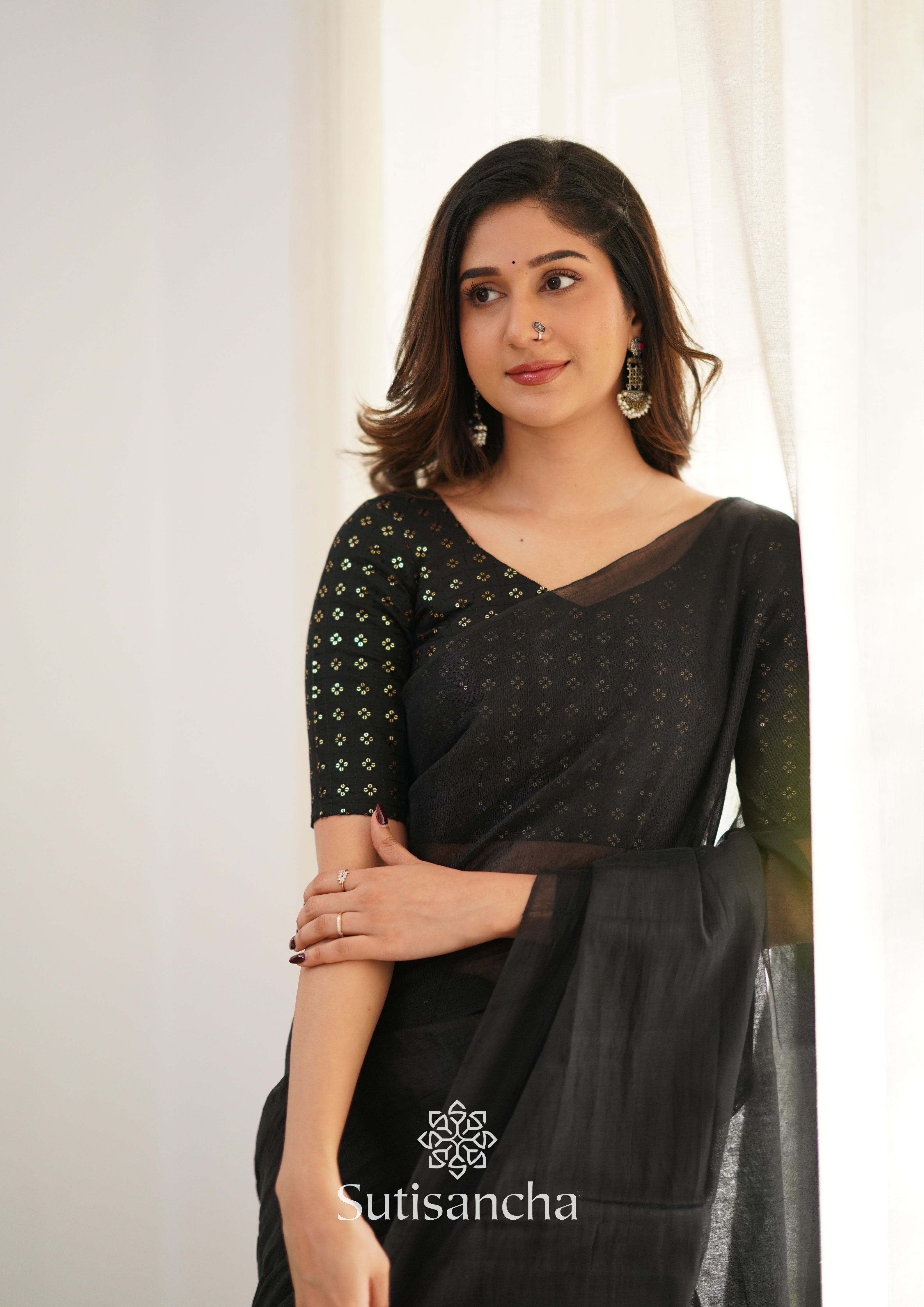 Sutisancha Black Handloom Tissue Saree With Designer Blouse