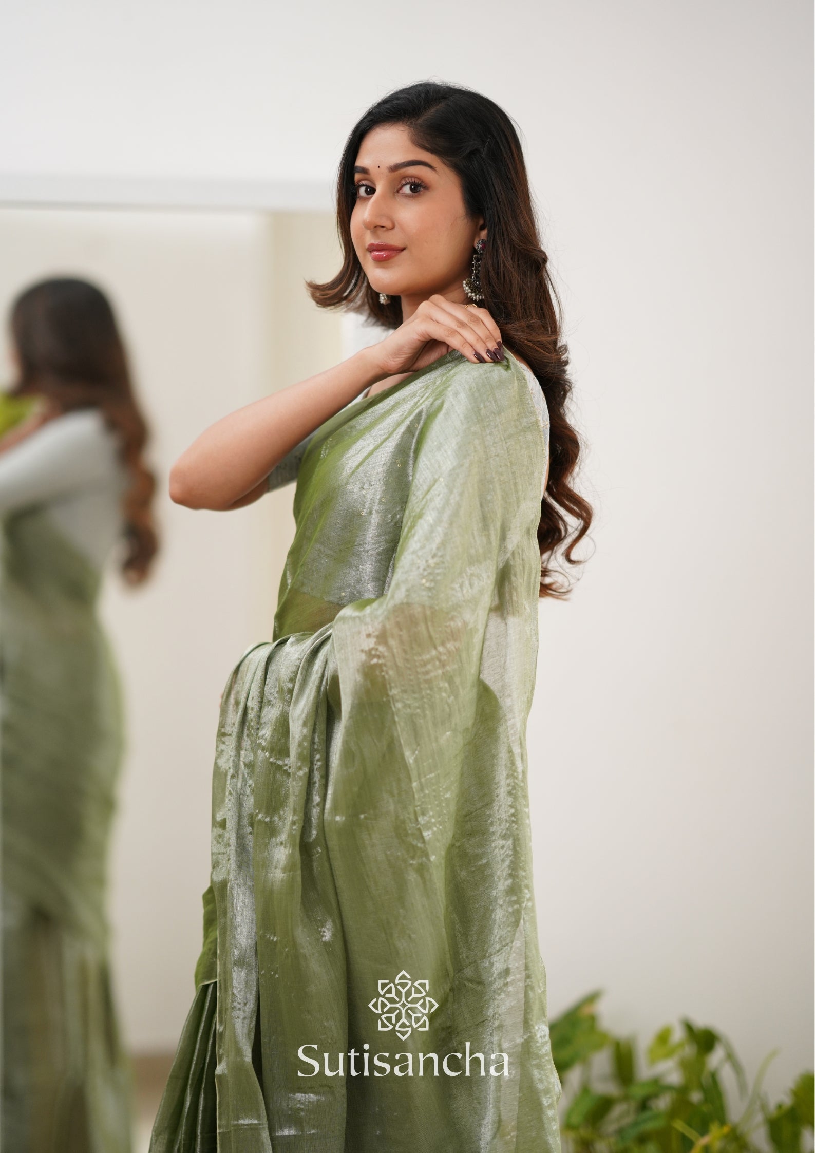 Sutisancha Olive Green Handloom Tissue Saree With Designer Blouse