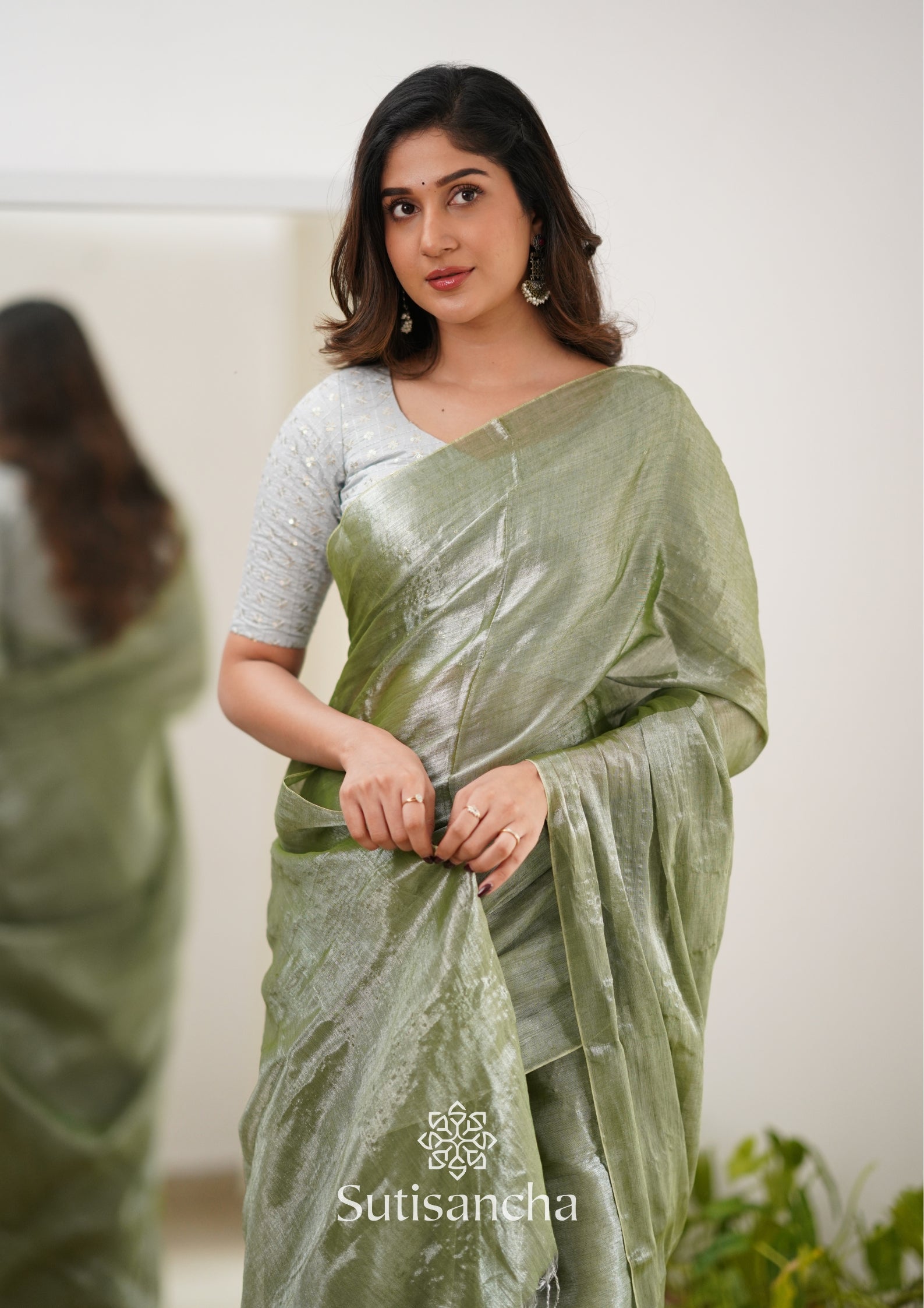 Sutisancha Olive Green Handloom Tissue Saree With Designer Blouse