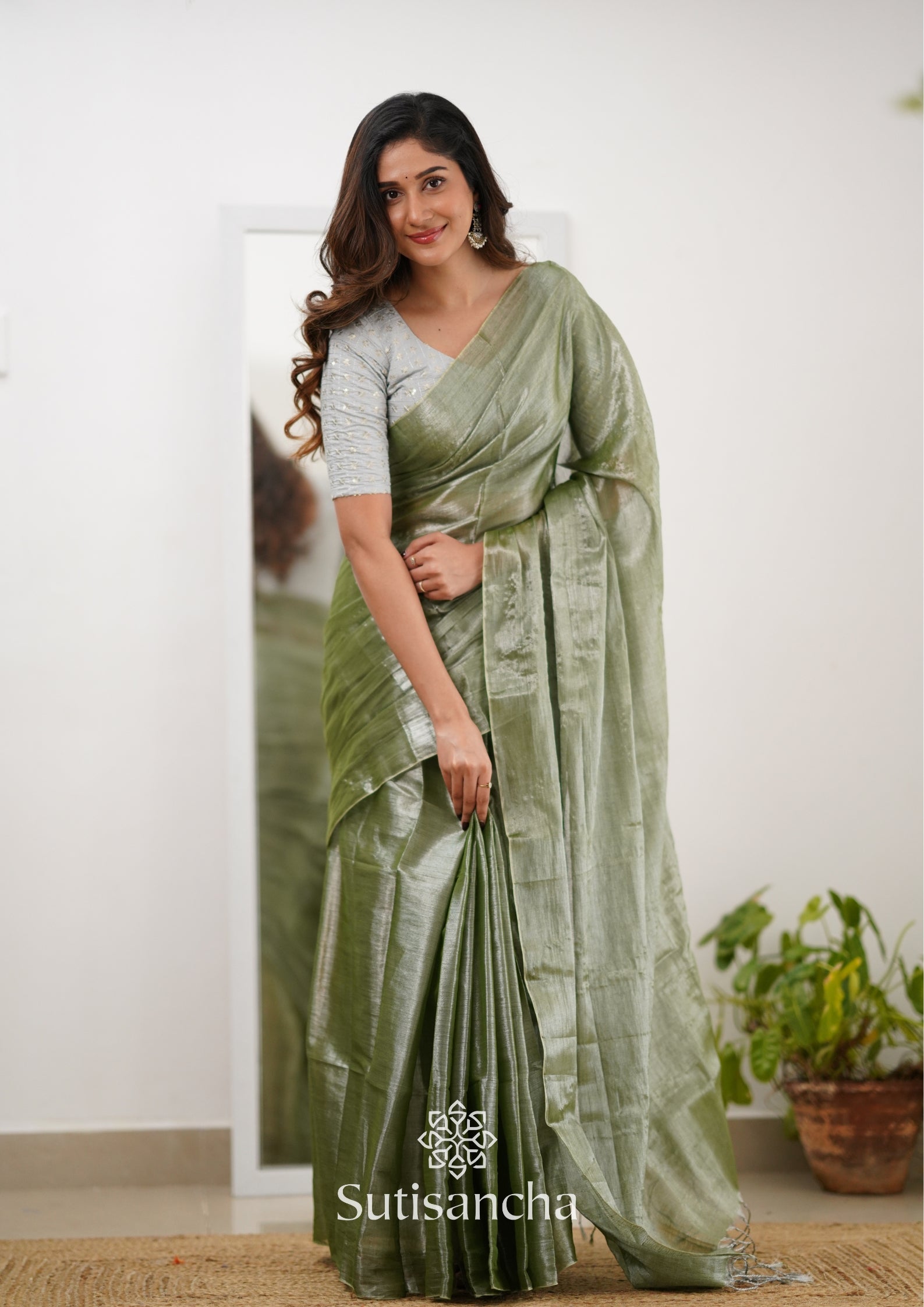 Sutisancha Olive Green Handloom Tissue Saree With Designer Blouse