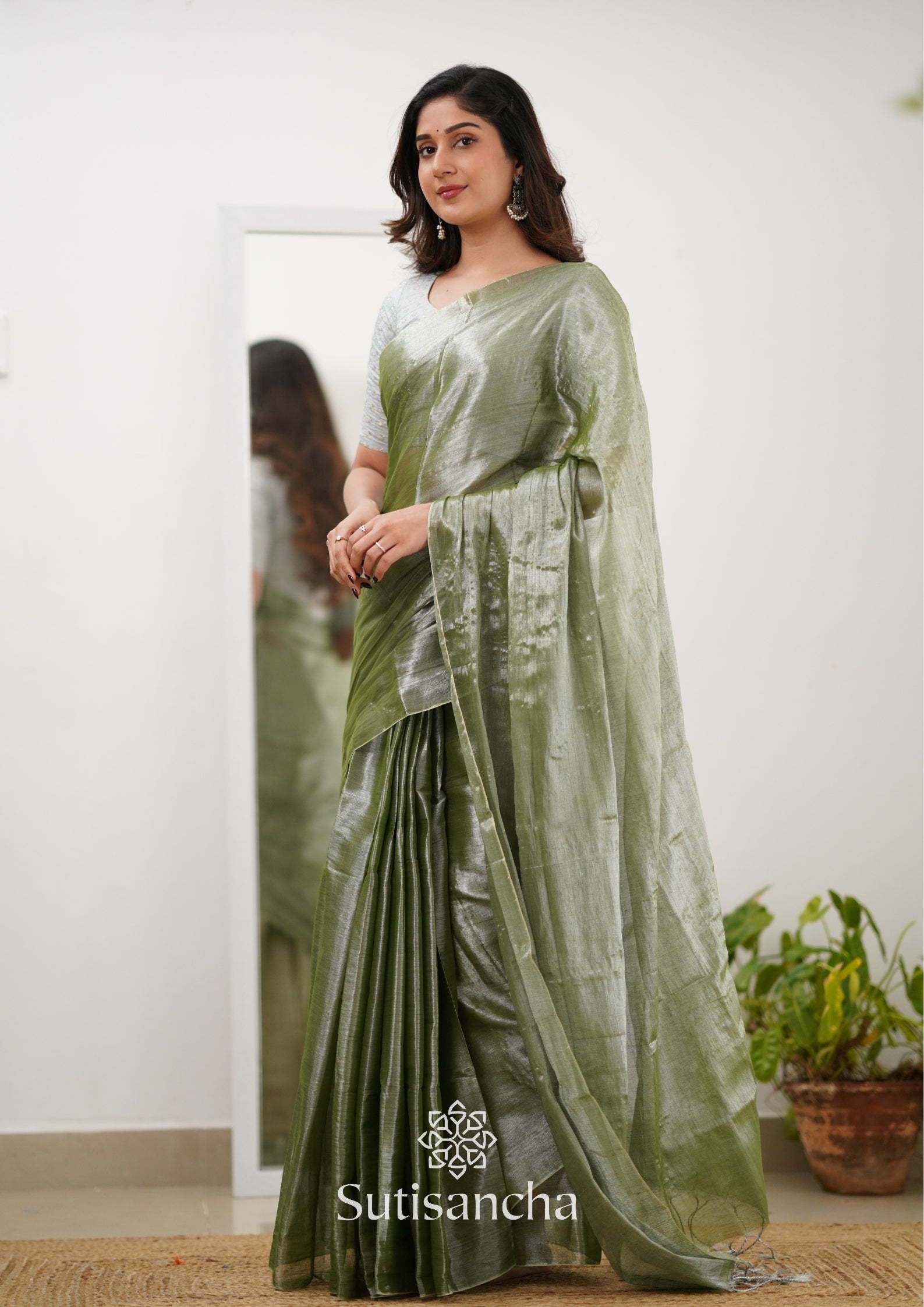 Sutisancha Olive Green Handloom Tissue Saree With Designer Blouse