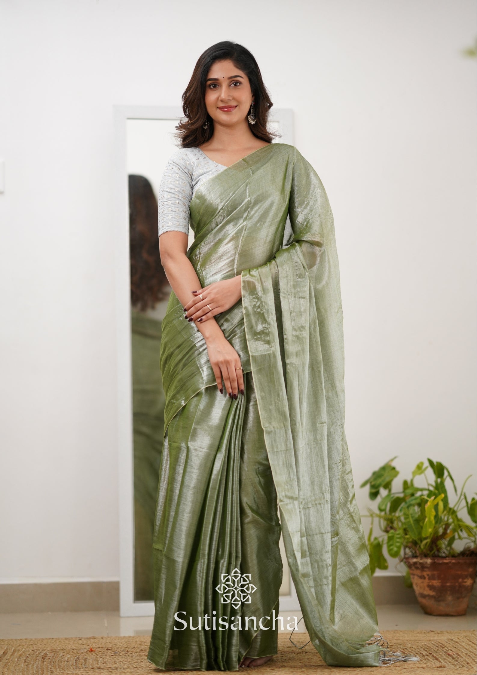 Sutisancha Olive Green Handloom Tissue Saree With Designer Blouse