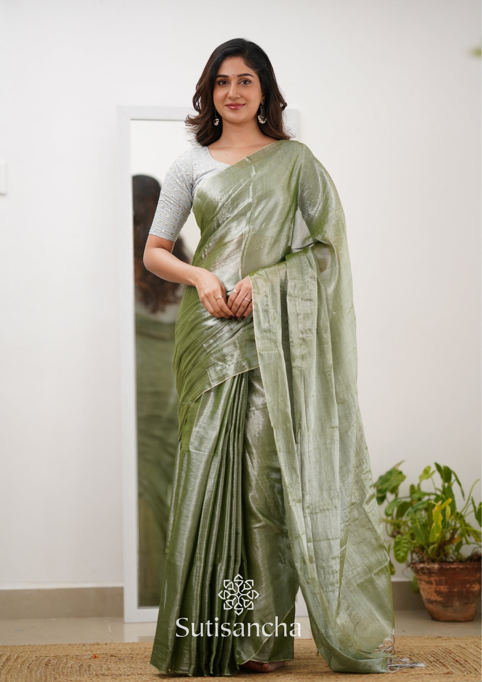 Sutisancha Olive Green Handloom Tissue Saree With Designer Blouse