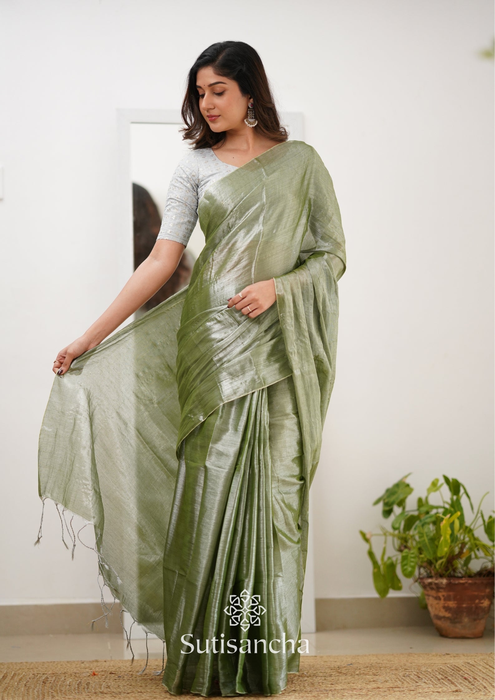 Sutisancha Olive Green Handloom Tissue Saree With Designer Blouse