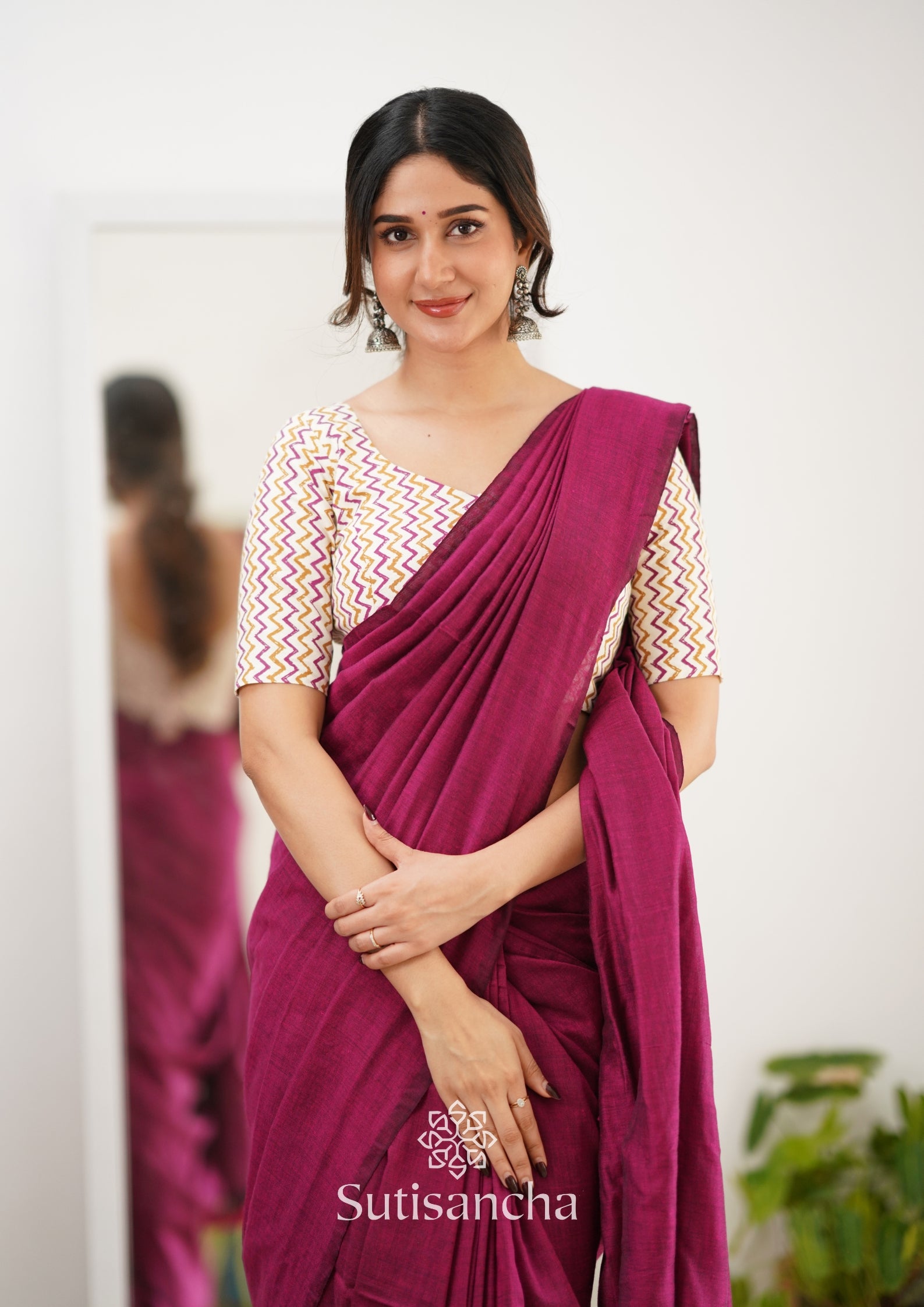 Sutisancha Queenpink Handloom Cotton Saree With Designer Blouse