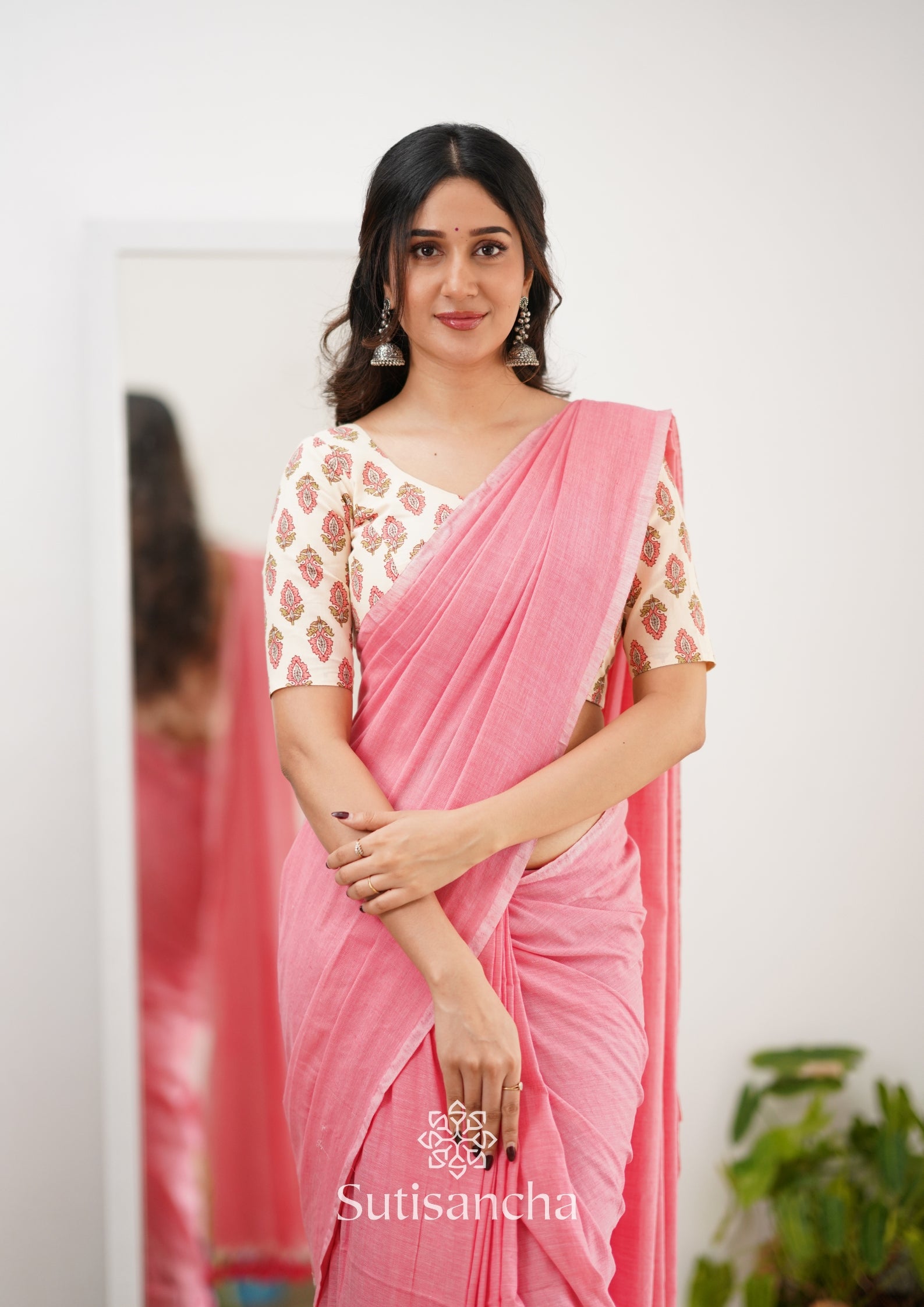 Sutisancha Peach Handloom Cotton Saree With Designer Blouse