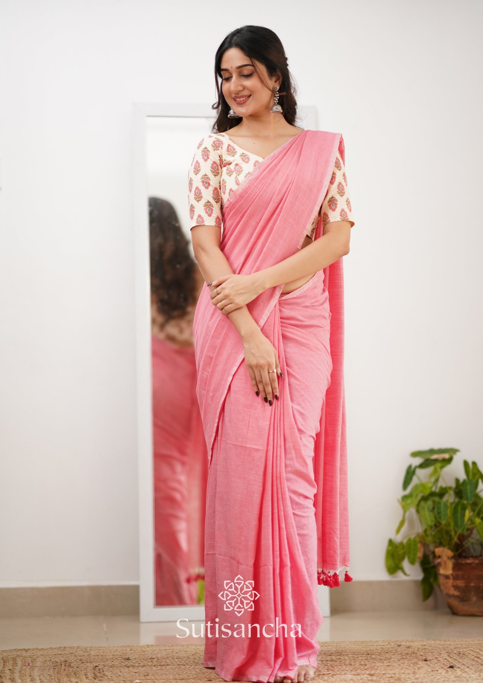 Sutisancha Peach Handloom Cotton Saree With Designer Blouse