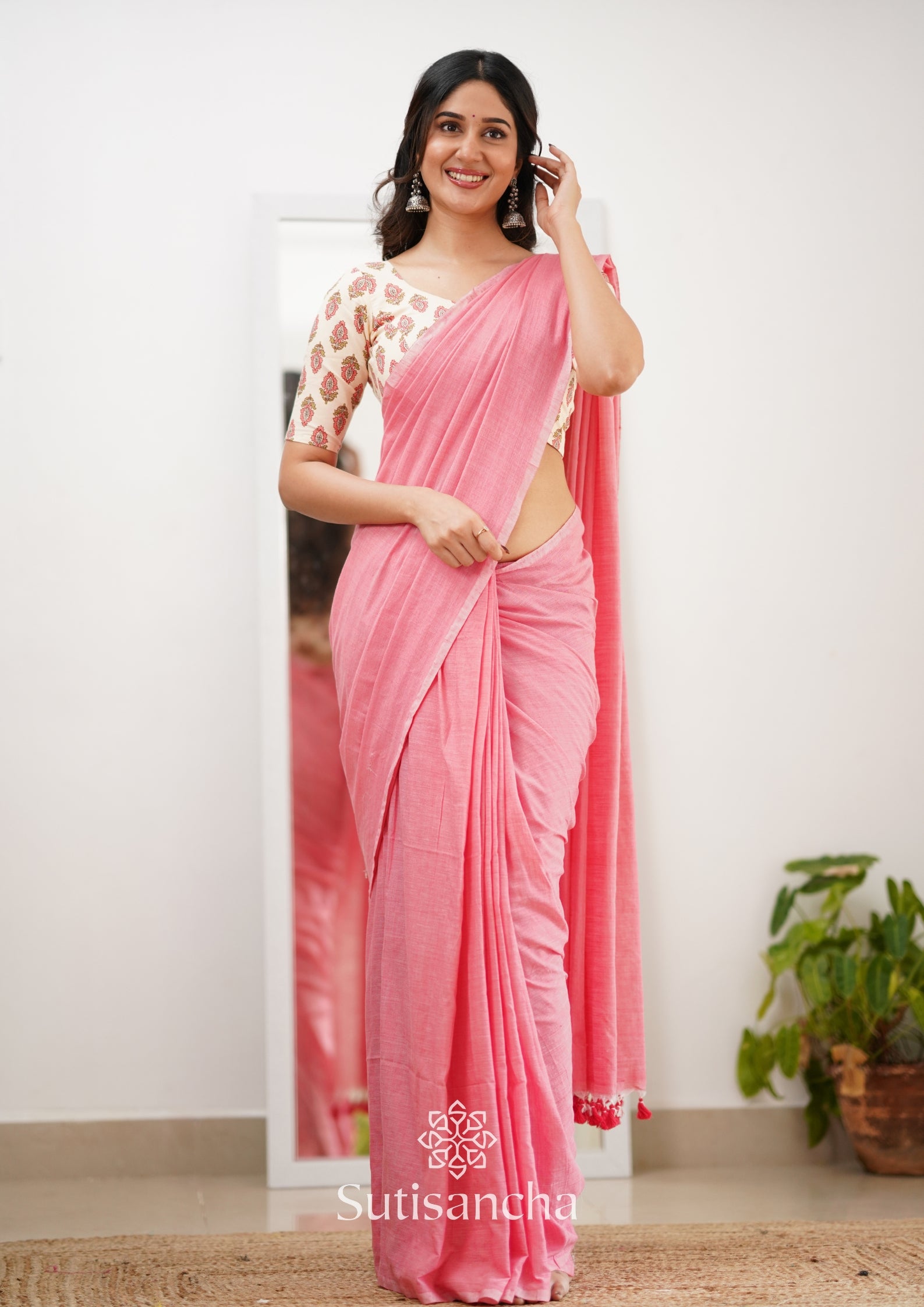 Sutisancha Peach Handloom Cotton Saree With Designer Blouse