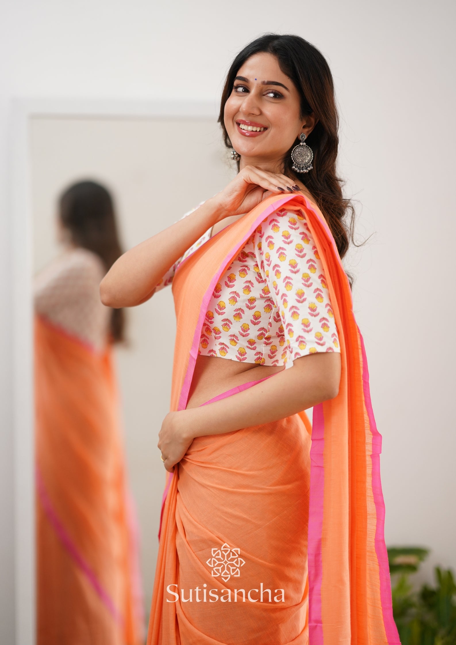 Sutisancha Peachpink Handloom Cotton Saree With Designer Blouse