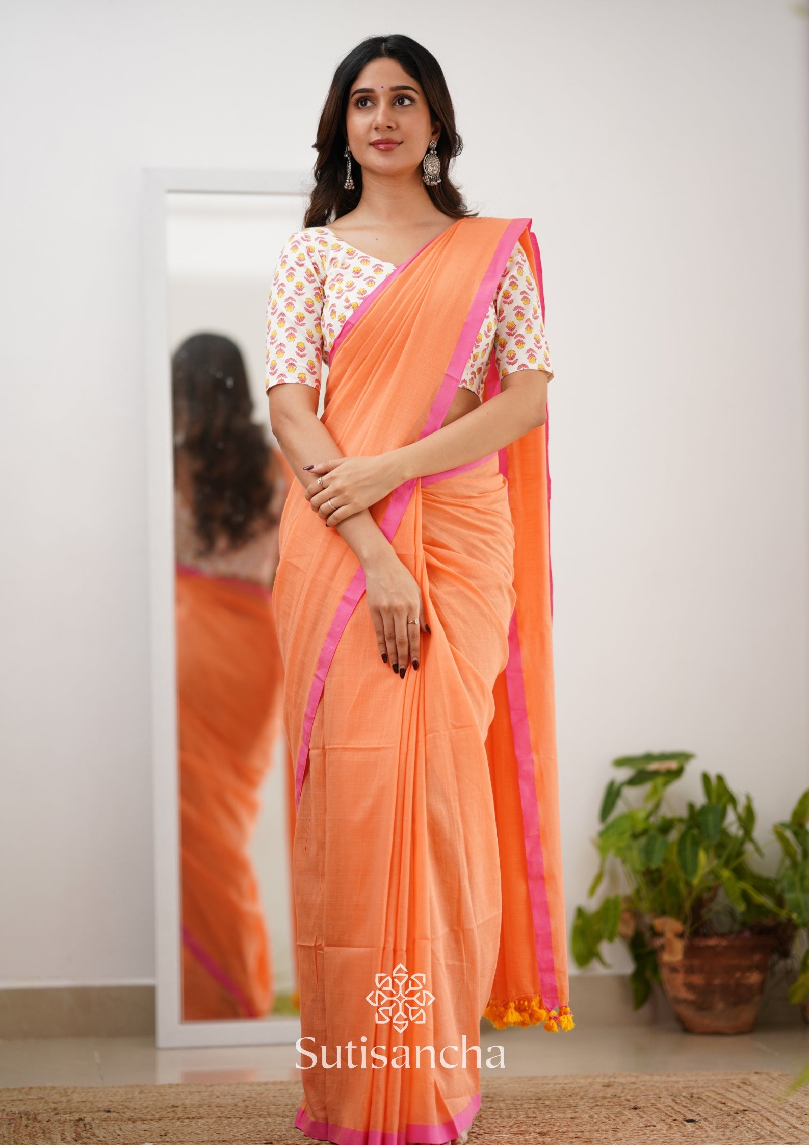 Sutisancha Peachpink Handloom Cotton Saree With Designer Blouse