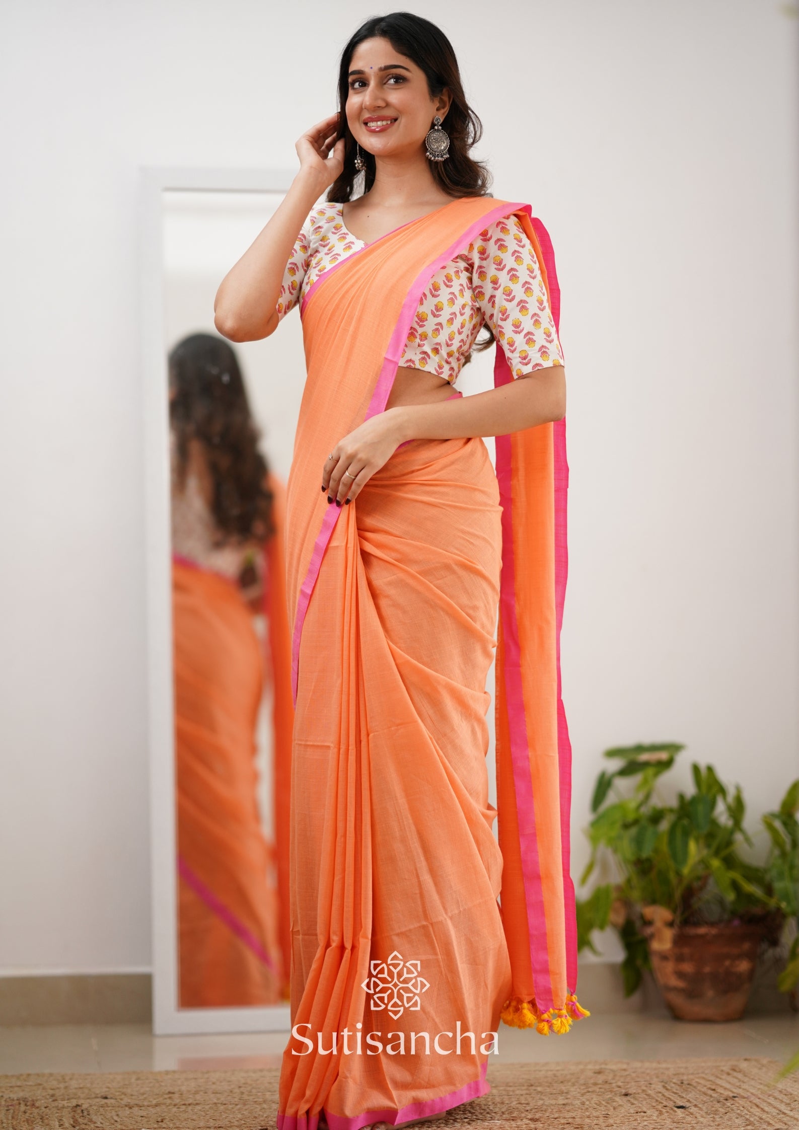 Sutisancha Peachpink Handloom Cotton Saree With Designer Blouse